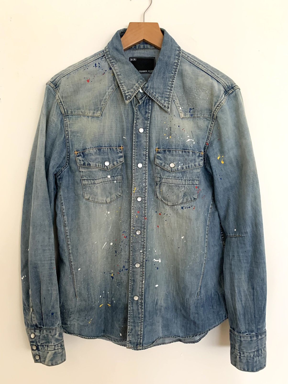 Rare Number (N)ine Blue Denim Paint Splatter Button Up sz 3