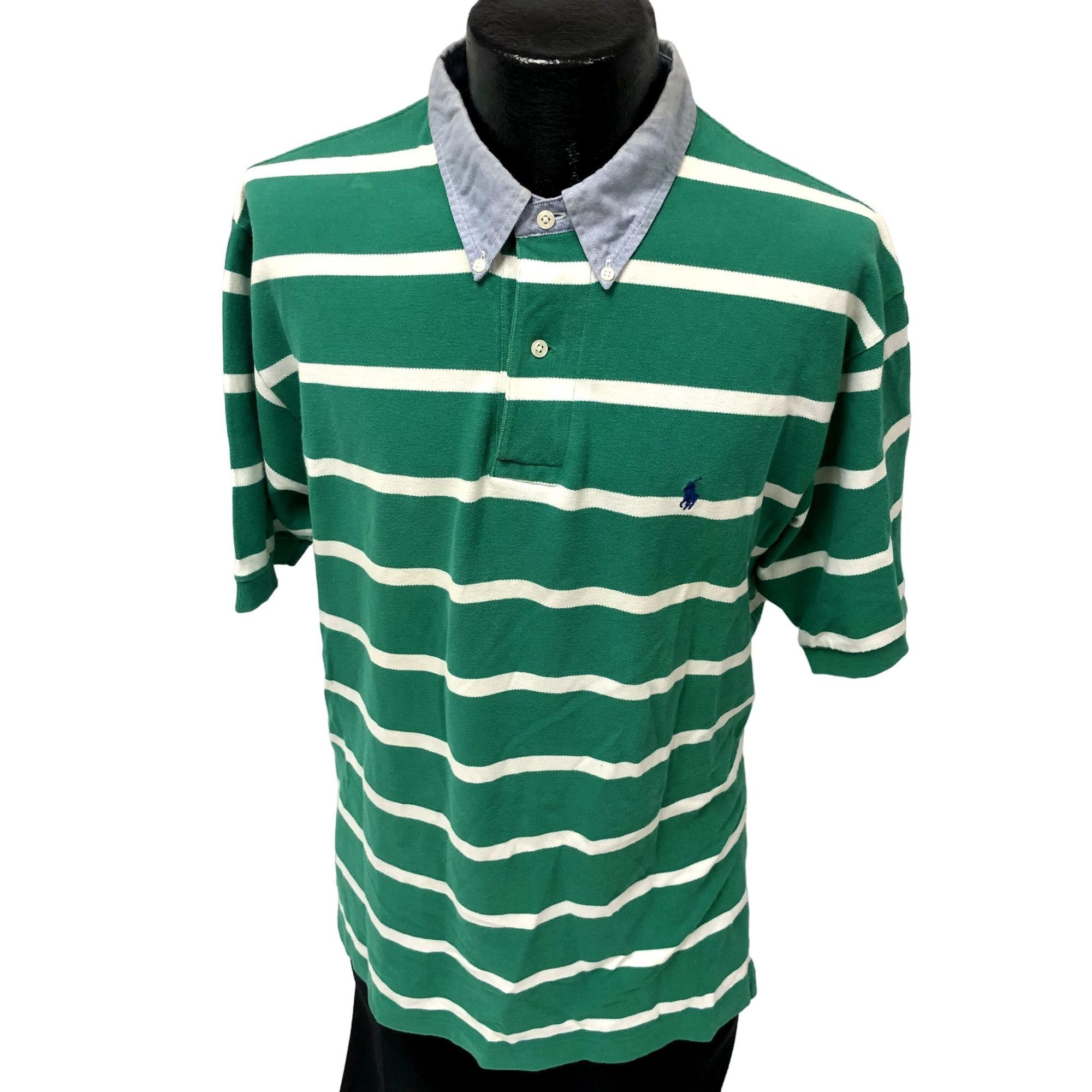 Vtg 90s Ralph Lauren Green STRIPE POLO Logo Pony Rider Shirt