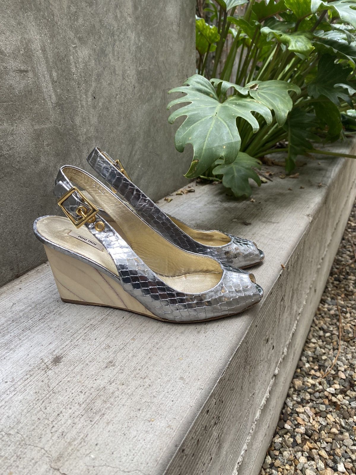Miu Miu 💎🐍 MIU MIU silver snake skin finish WEDGES Size US 6.5 / IT 36.5 - 3 Thumbnail
