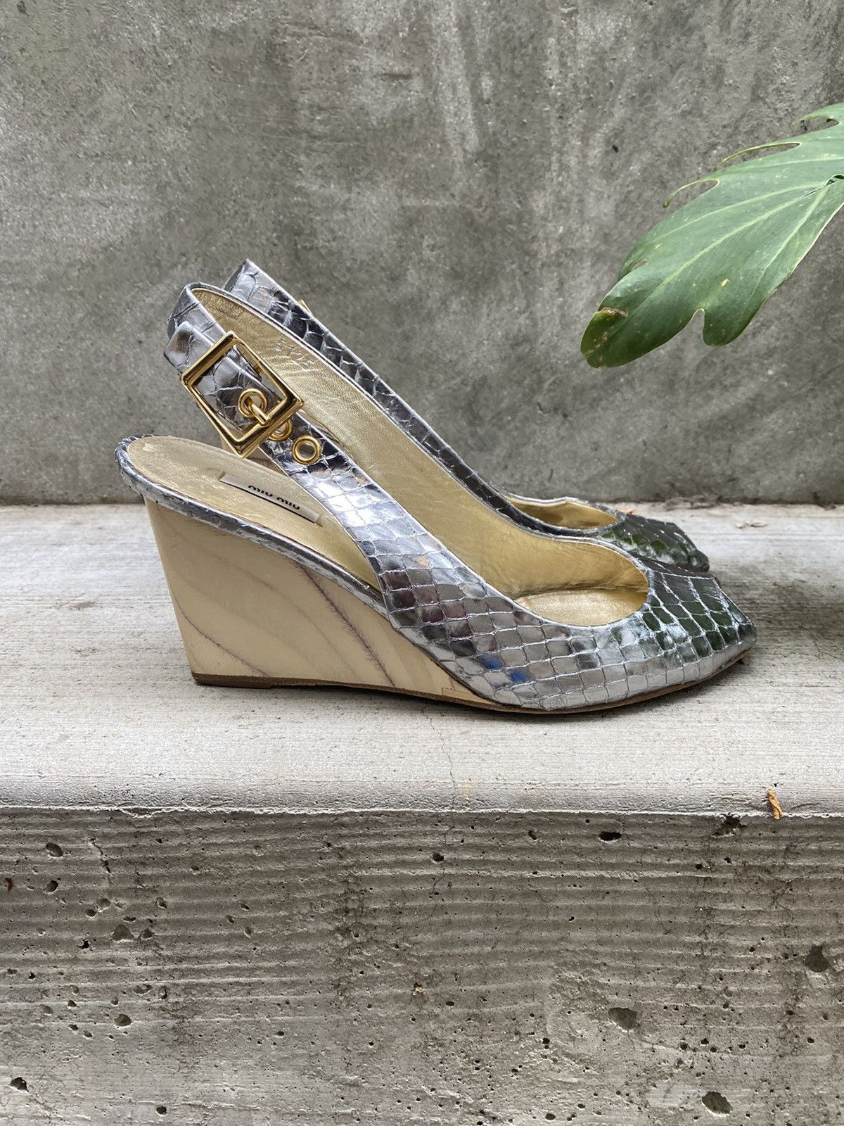 Miu Miu 💎🐍 MIU MIU silver snake skin finish WEDGES Size US 6.5 / IT 36.5 - 1 Thumbnail