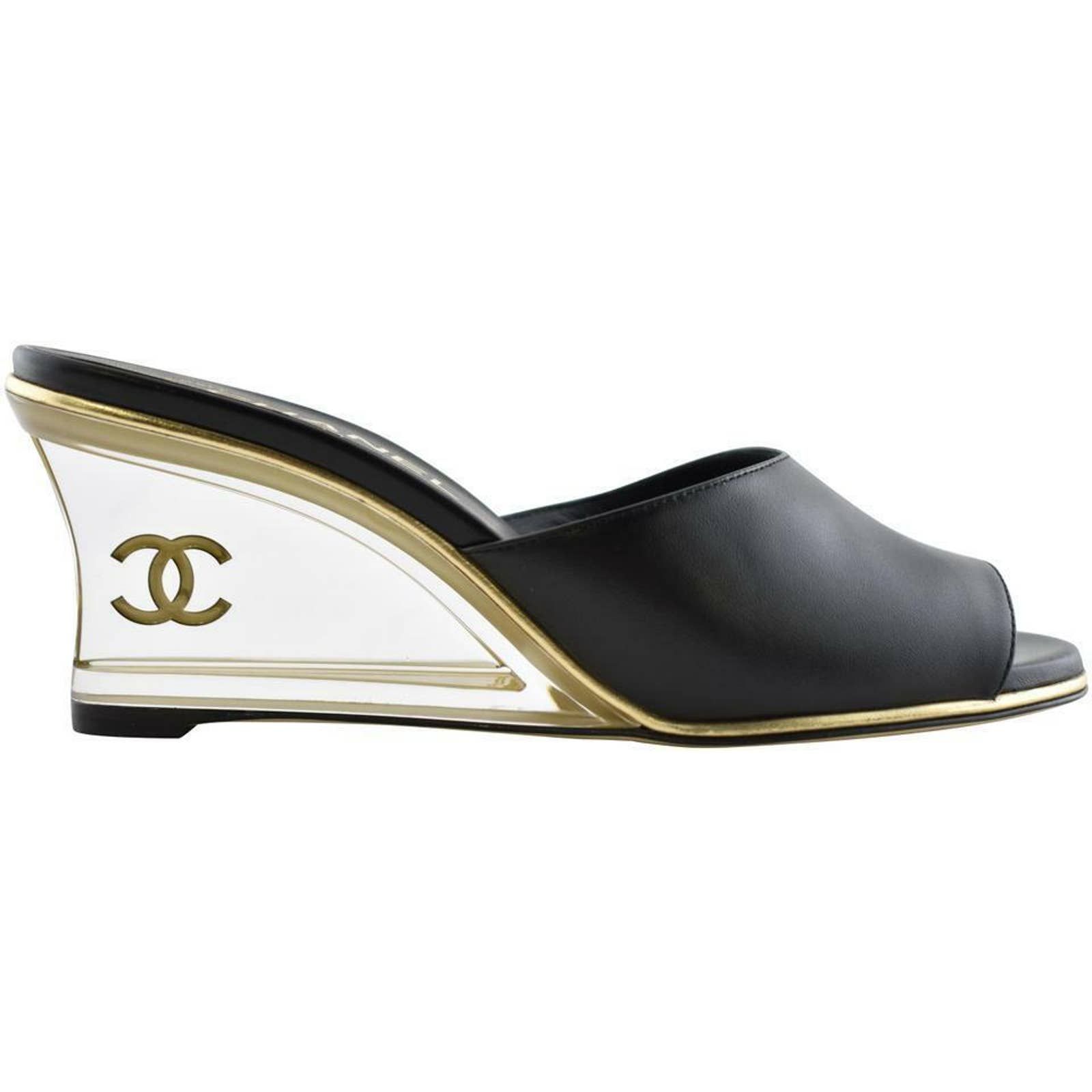 CHANEL PATENT LEATHER WITH CLEAR TRANSPARENT AND GOLD TRIM WEDGE SANDALS  35.5