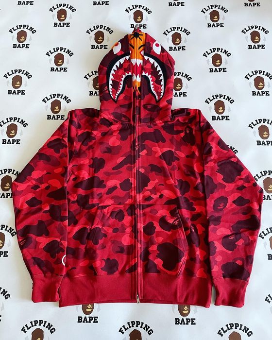 Bape Color Camo Tiger Shark Wide Full Zip Double Hoodie Red