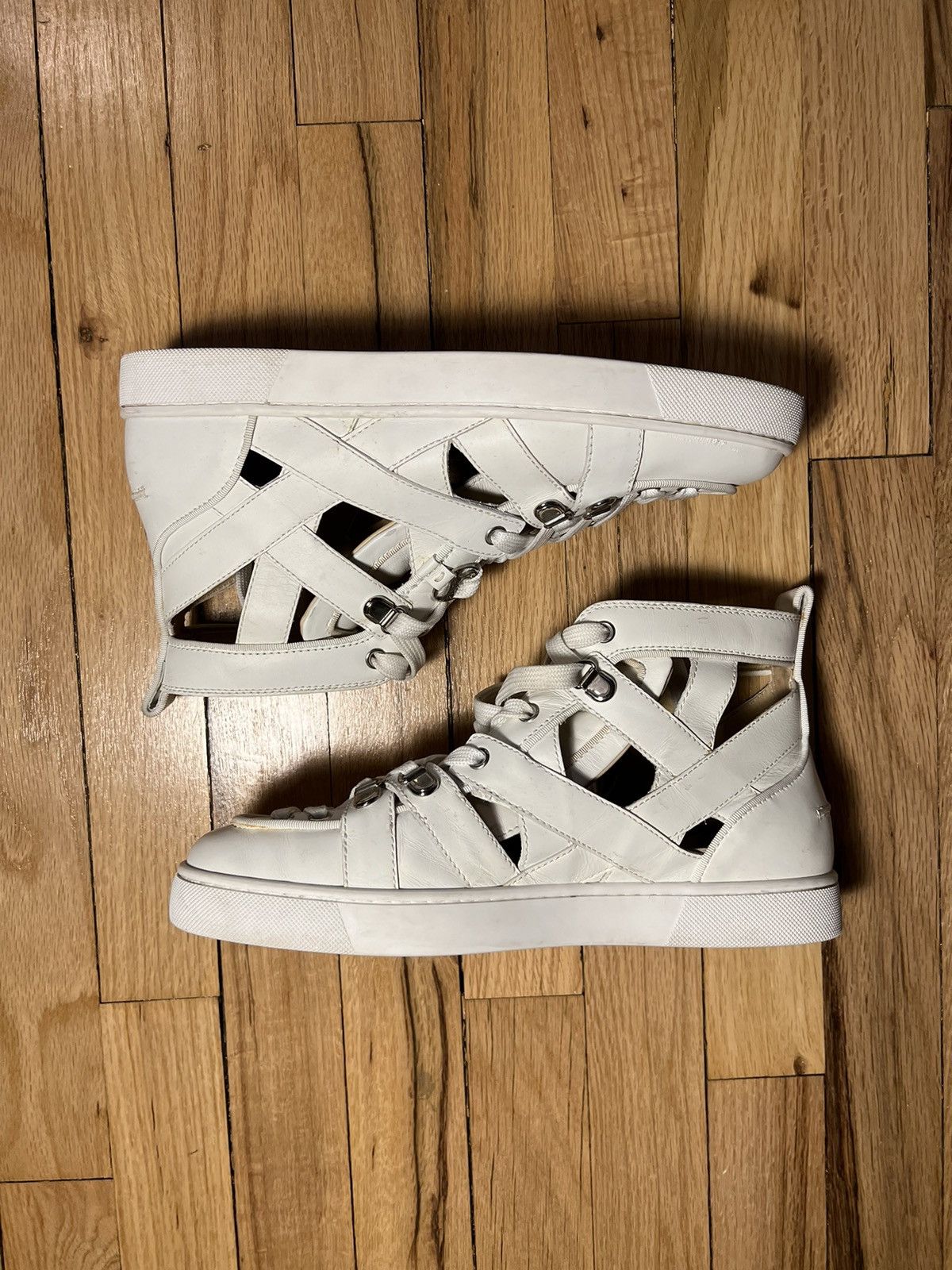 image of Christian Louboutin Louboutin Hi-Top White Leather Sneaker With Cut-Outs, Men's (Size 8)