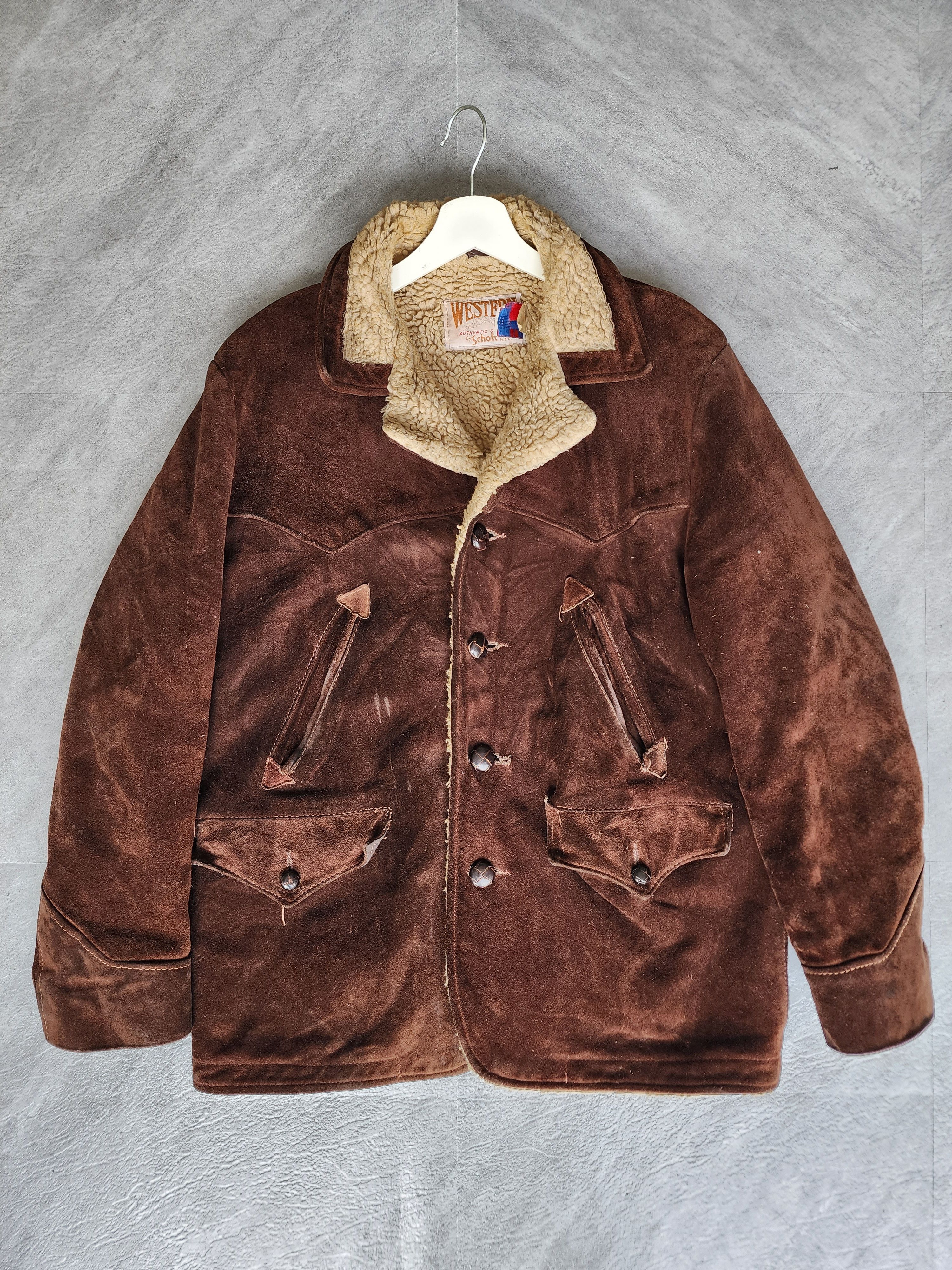 Vintage 80s Schott Leather Jacket Mens M Western Fleece Brown