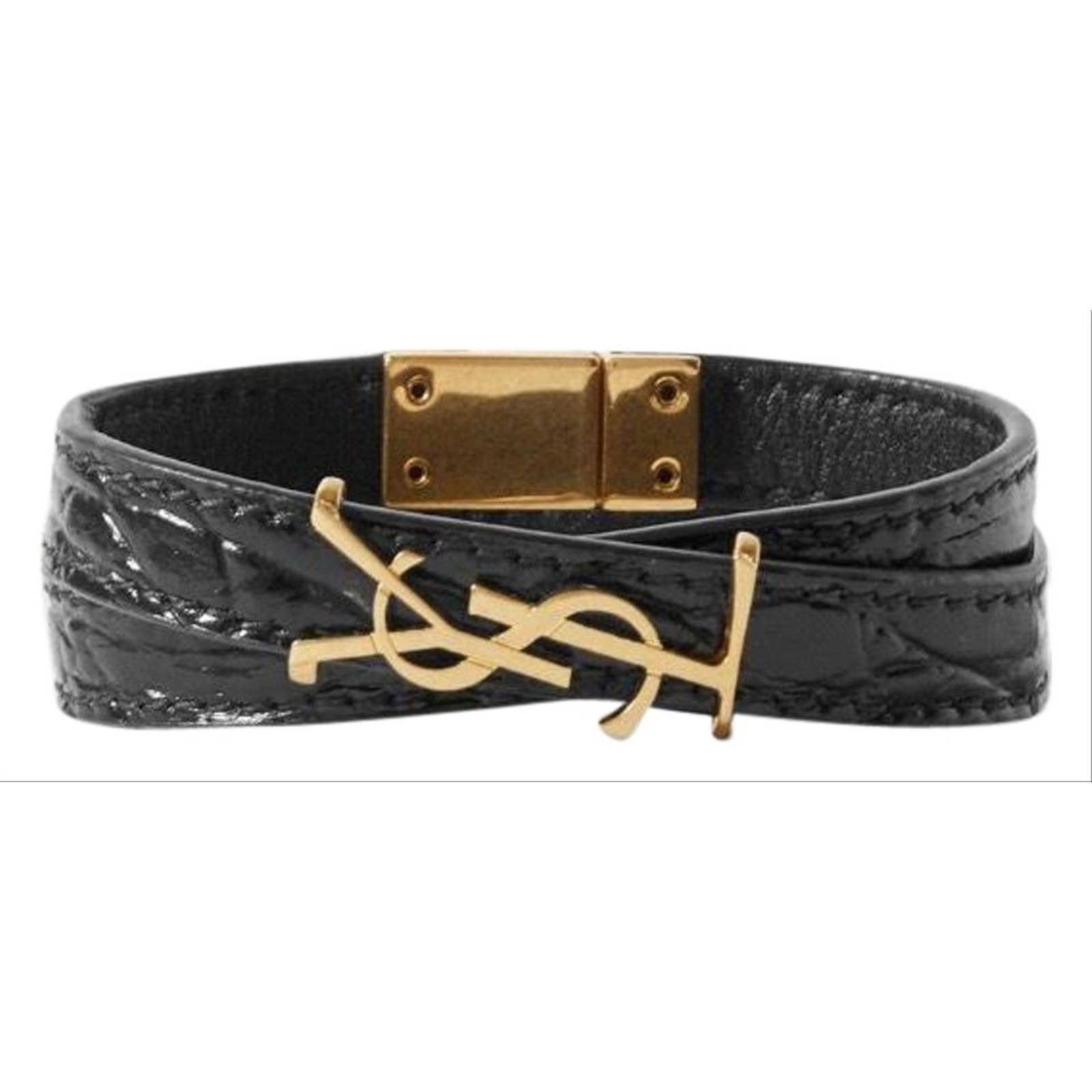 Monogram YSL logo crocodile effect leather bracelet