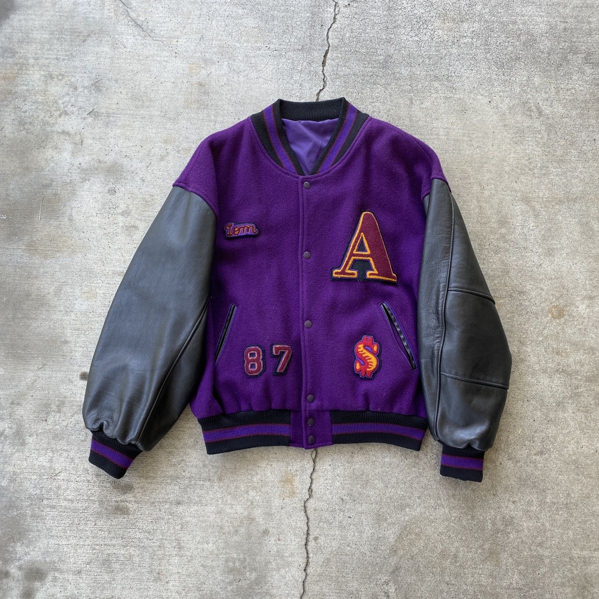 80s Aldus A Varsity jacket wool letterman leather purple