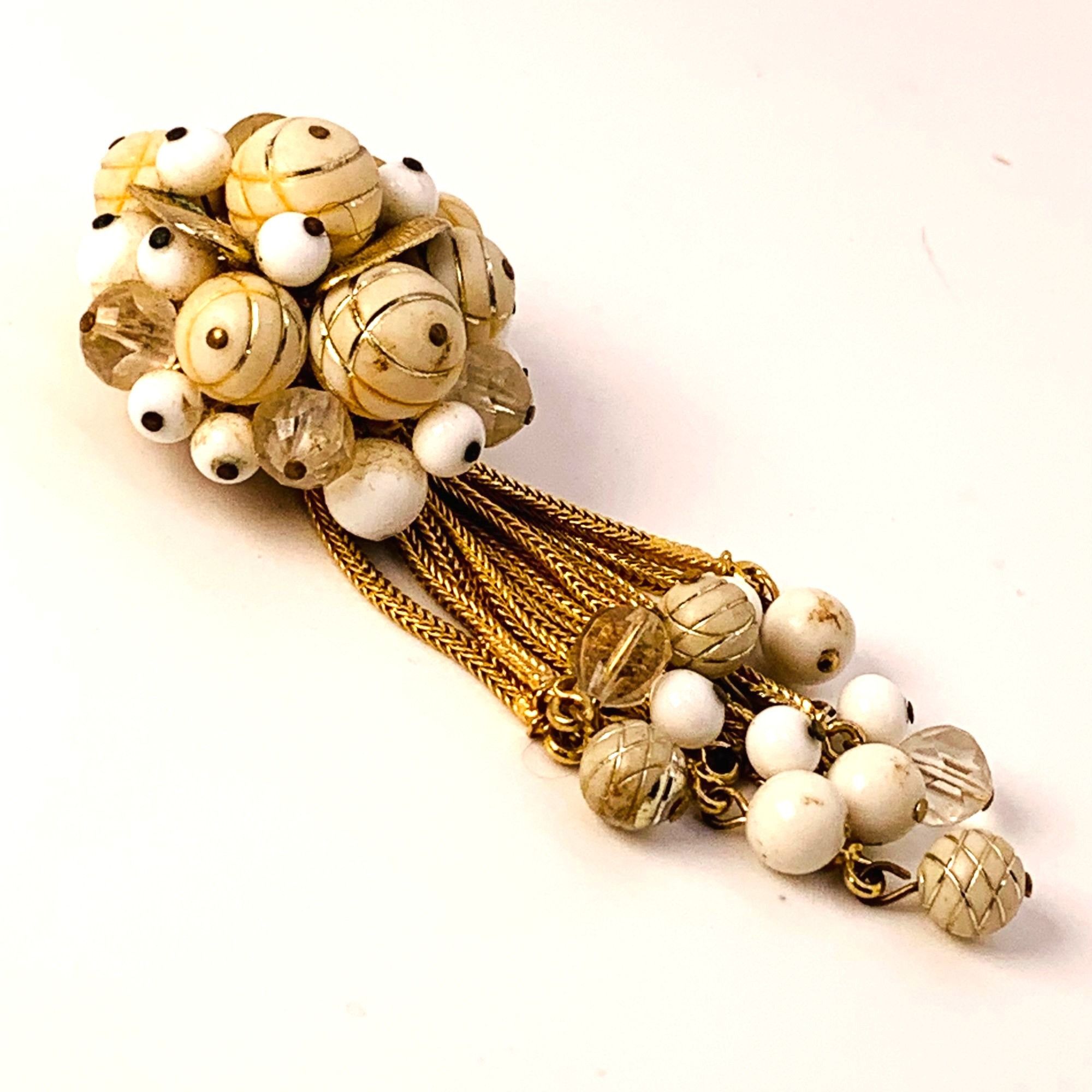 Other Vintage Gold and White Glass Beaded Brooch Chains Beads Spec ...
