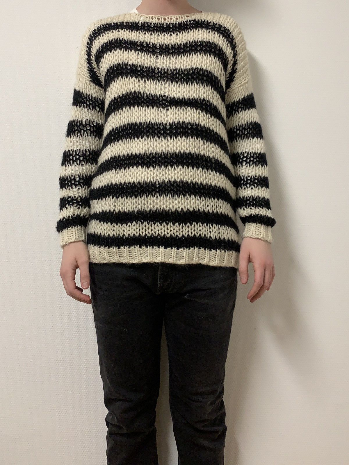 Hedi Slimane × Saint Laurent Paris FW2013 heavy striped mohair knit beige black Size US M / EU 48-50 / 2 - 8 Thumbnail