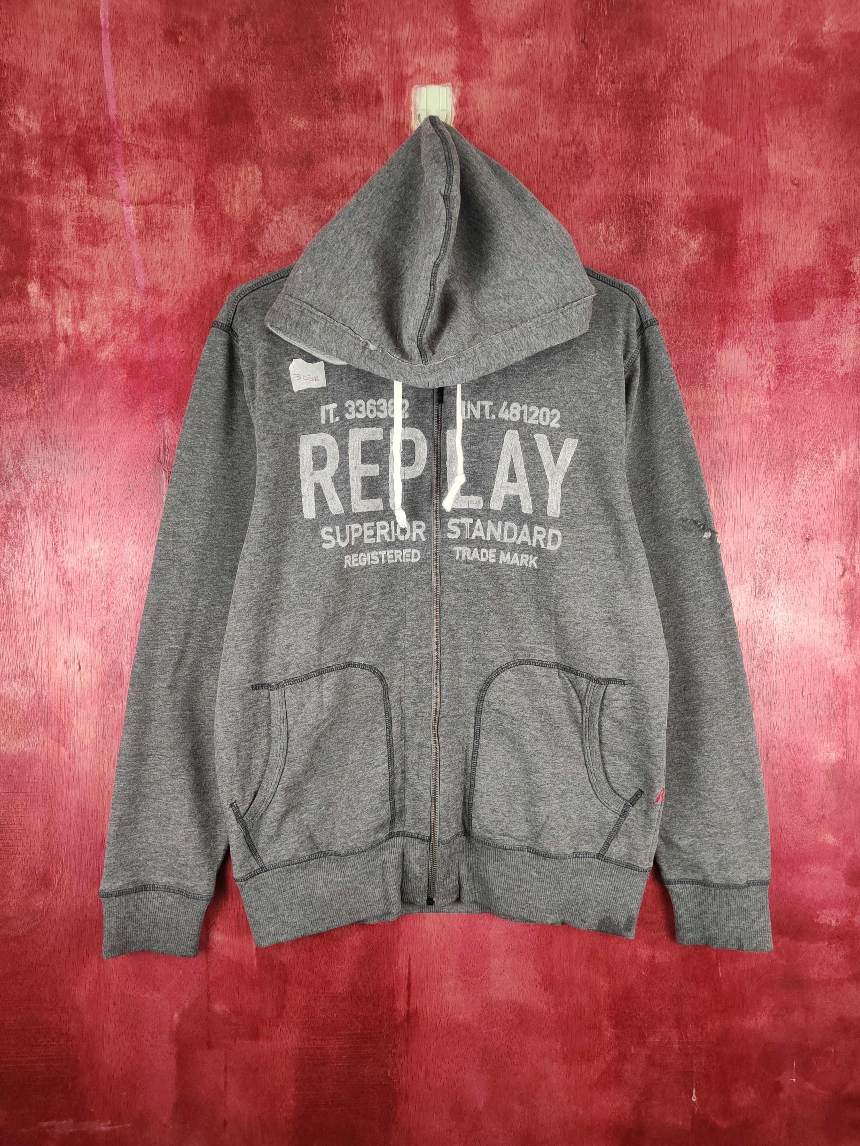 image of Replay Distressed Ripped Gray Hoodie Sweater 303B in Grey, Men's (Size Medium)