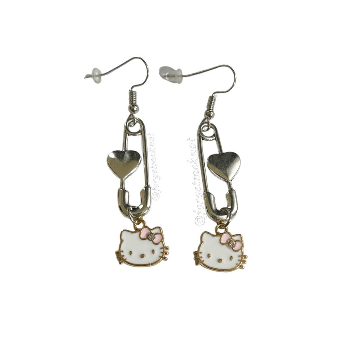 Handmade Silver Safety Pin Hello Kitty Charm Earrings Pink Bow | Grailed