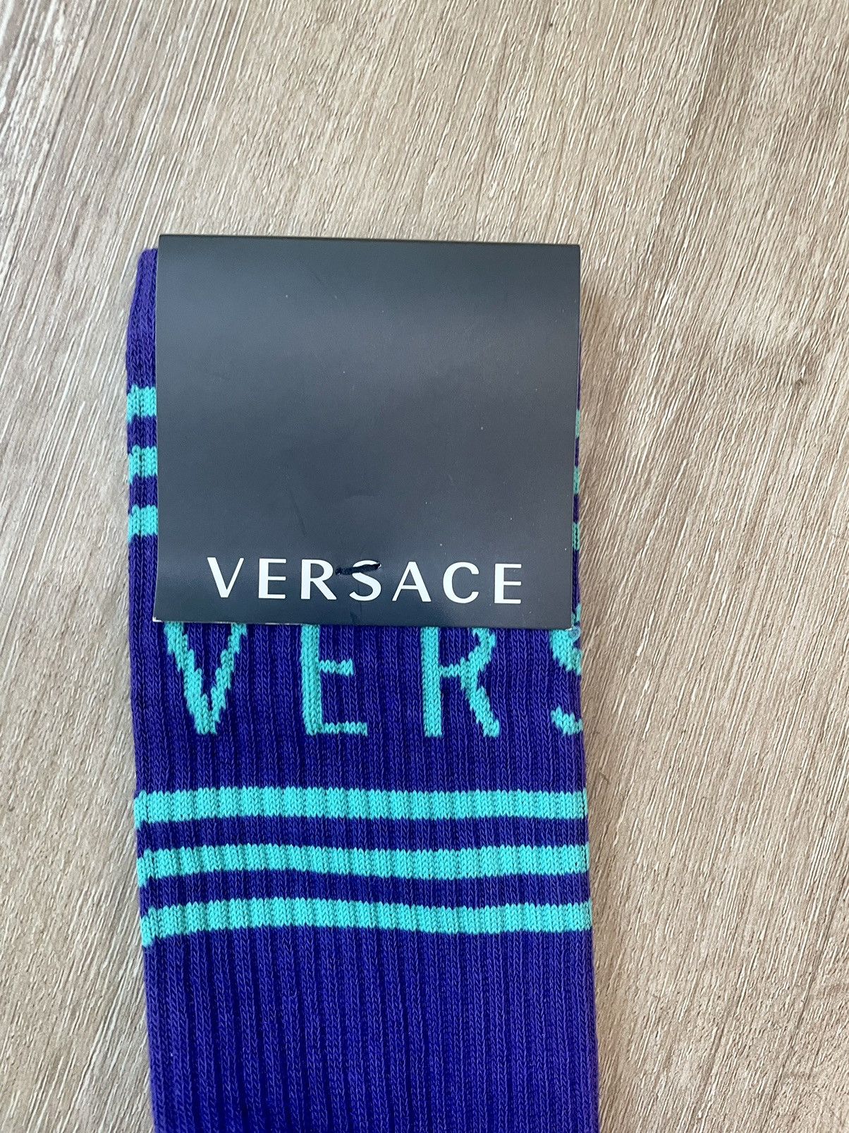 Versace Versace Striped Logo Dark Purple Athletic Dress Socks - MED Size ONE SIZE - 3 Thumbnail