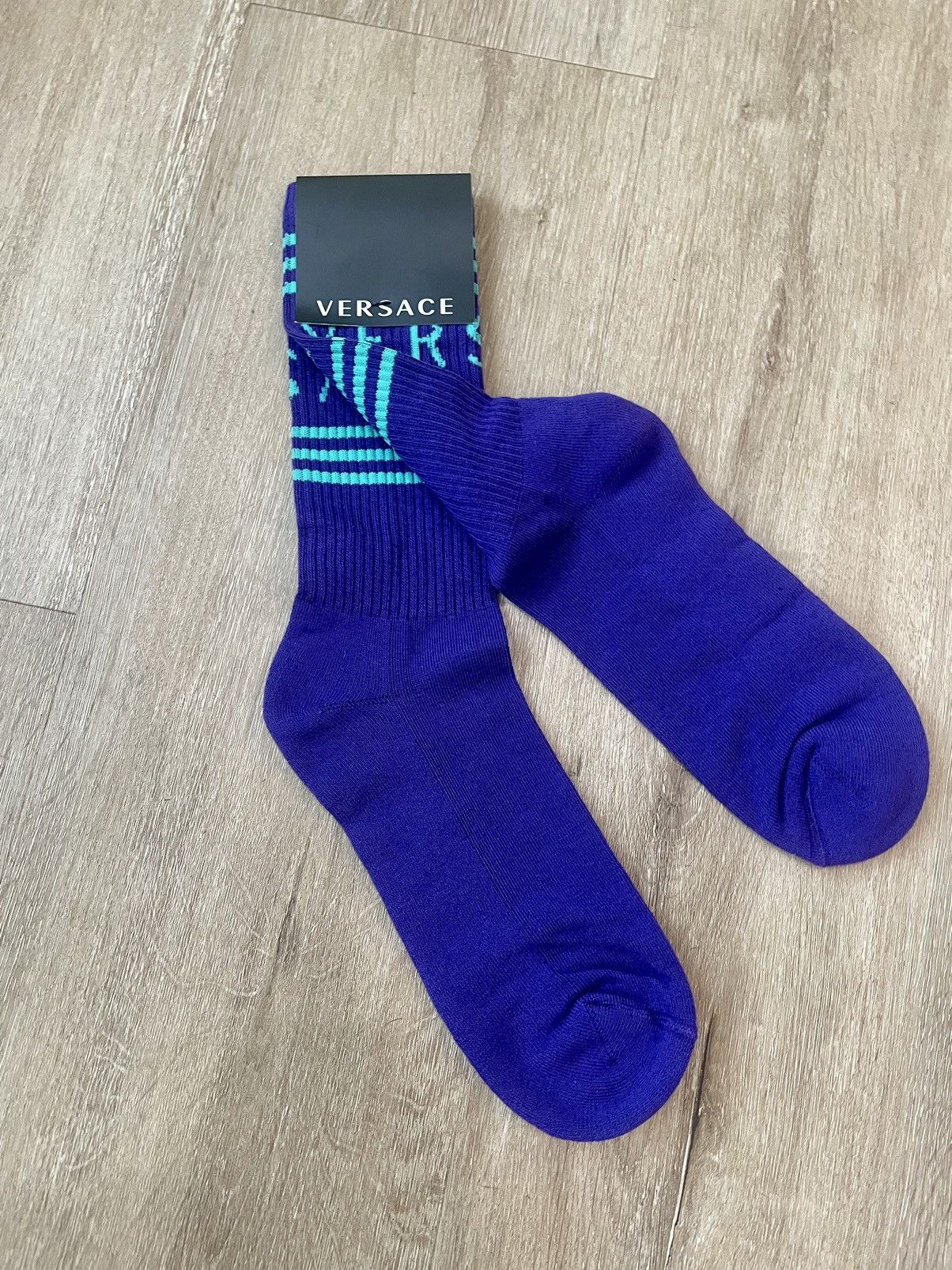 Versace Versace Striped Logo Dark Purple Athletic Dress Socks - MED Size ONE SIZE - 5 Thumbnail
