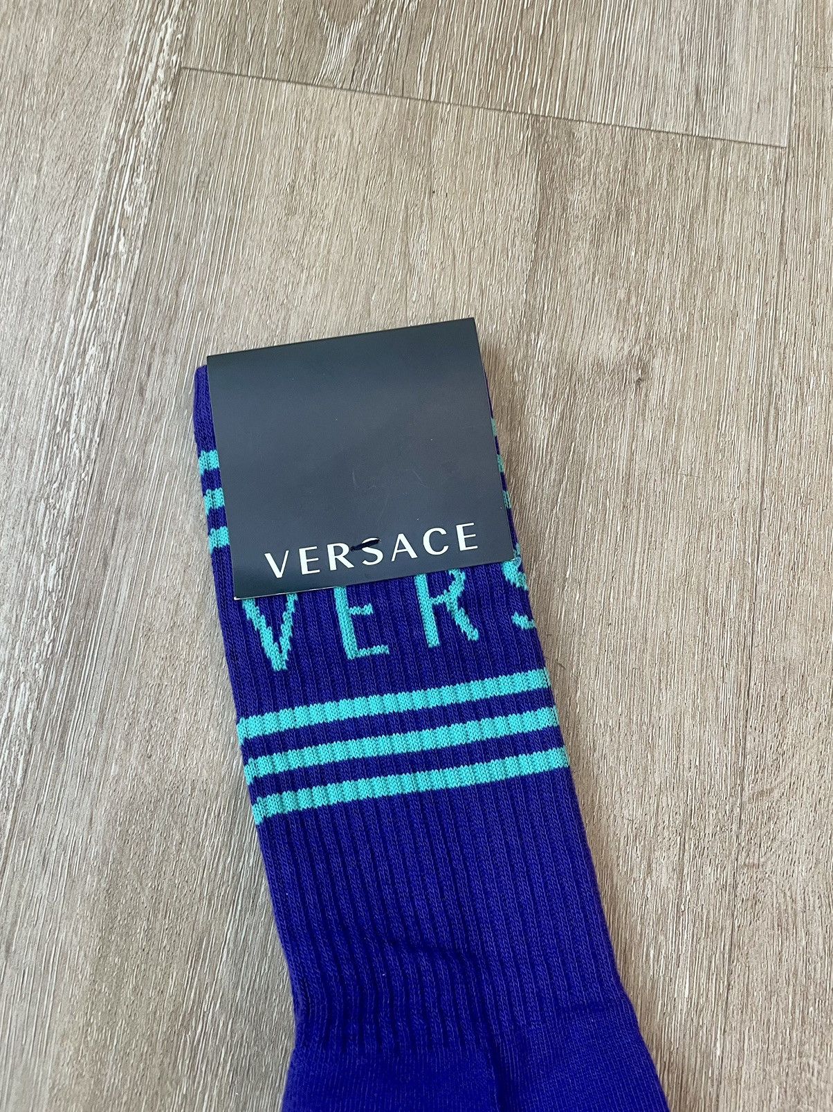 Versace Versace Striped Logo Dark Purple Athletic Dress Socks - MED Size ONE SIZE - 2 Thumbnail