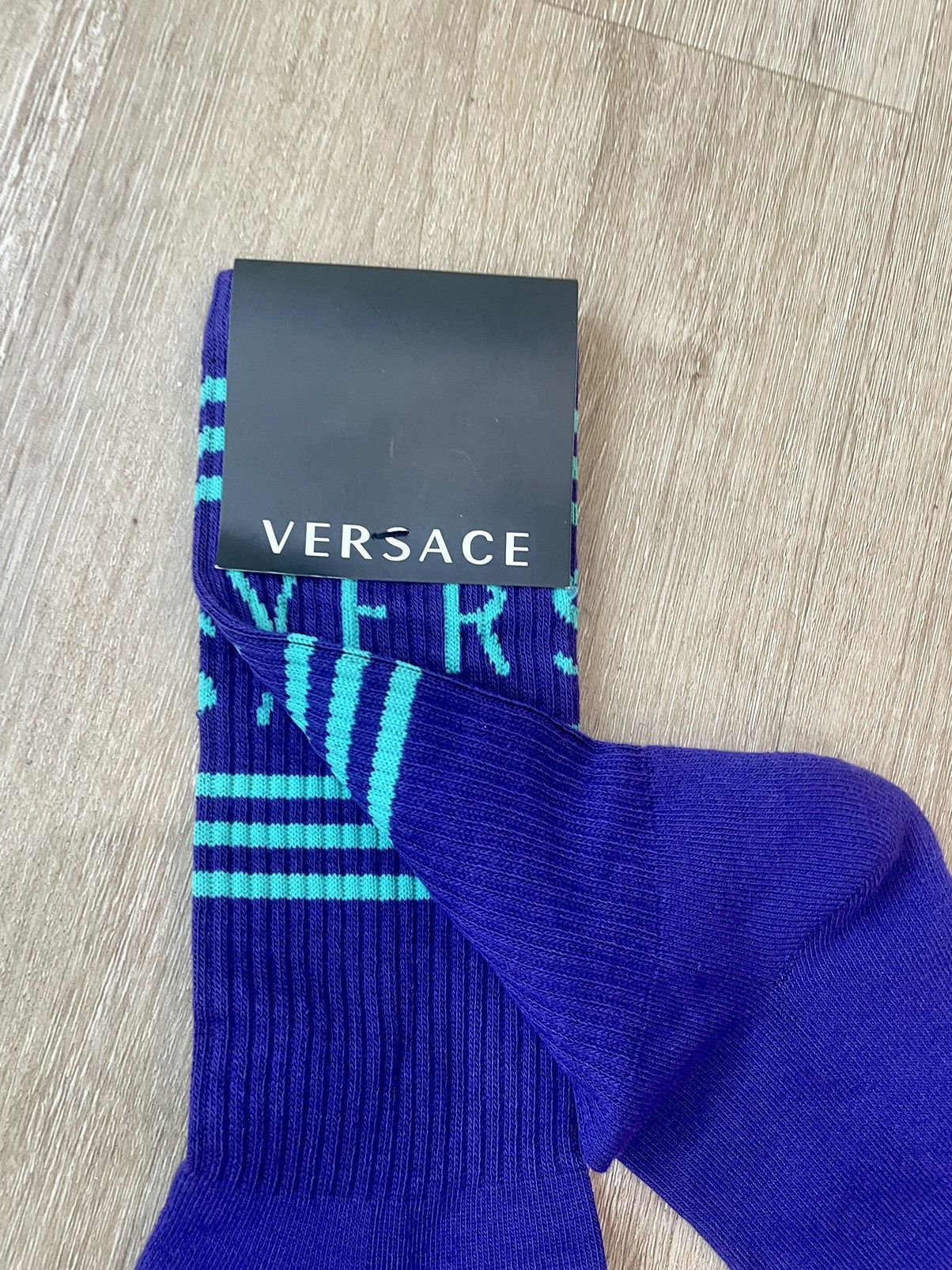 Versace Versace Striped Logo Dark Purple Athletic Dress Socks - MED Size ONE SIZE - 6 Thumbnail