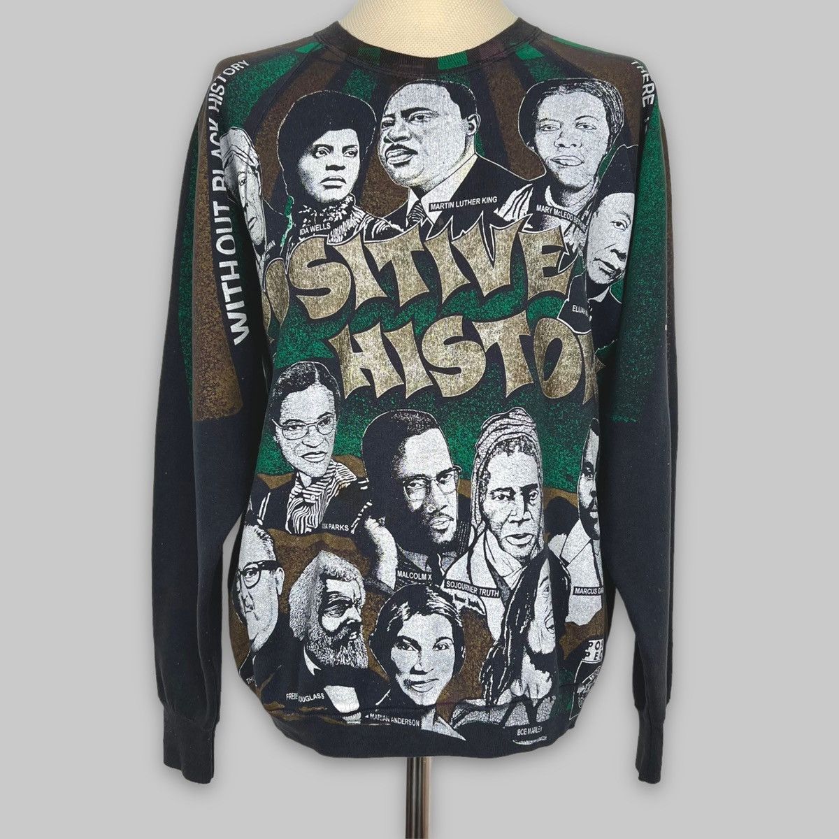 image of Bob Marley x Malcolm X Vintage 90's Kacy World Colors ‘Positive History’ Sweatshirt in Black (Size 