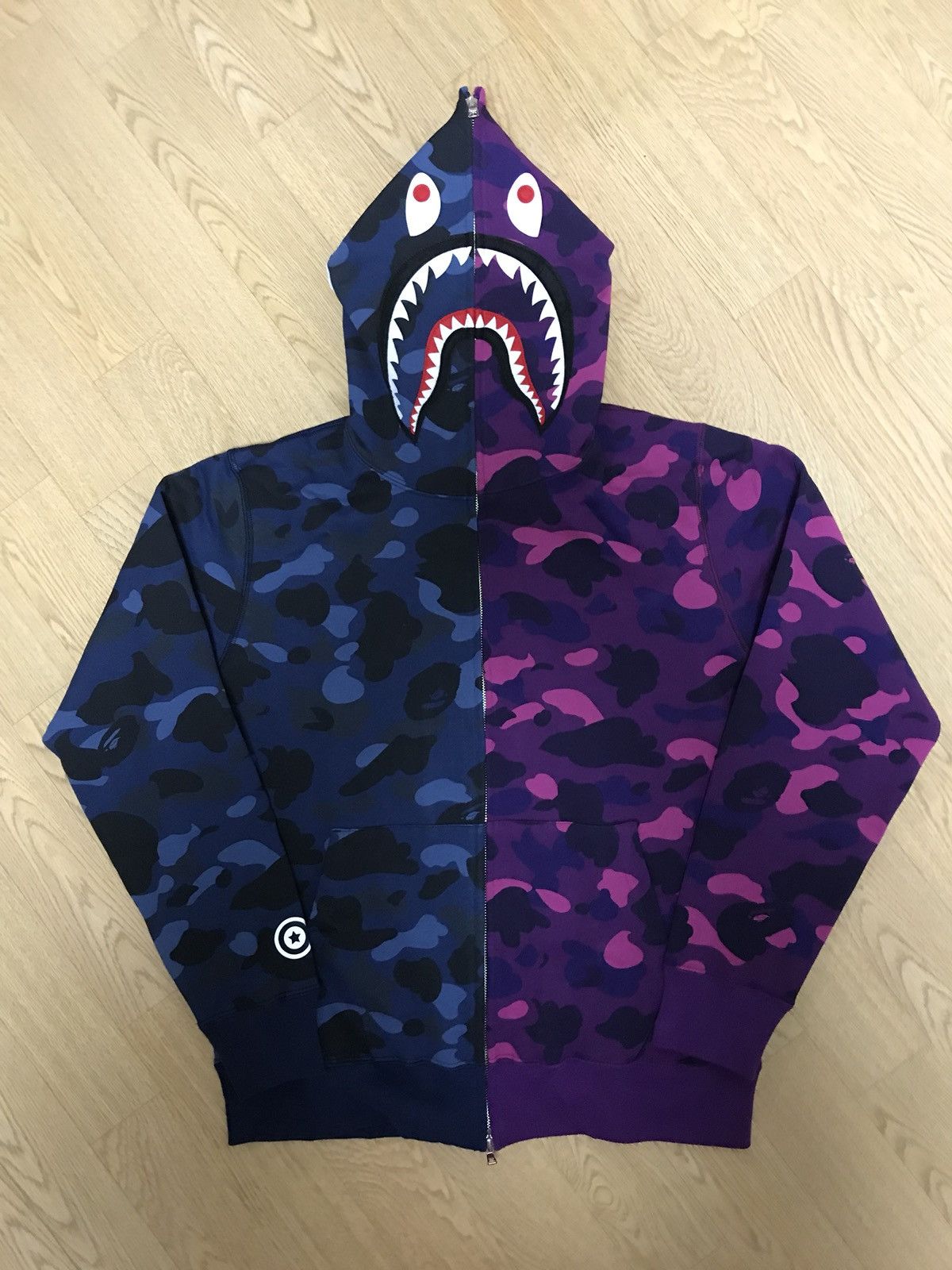 Bape bape half half camo shark hoodie blue purple XL Grailed