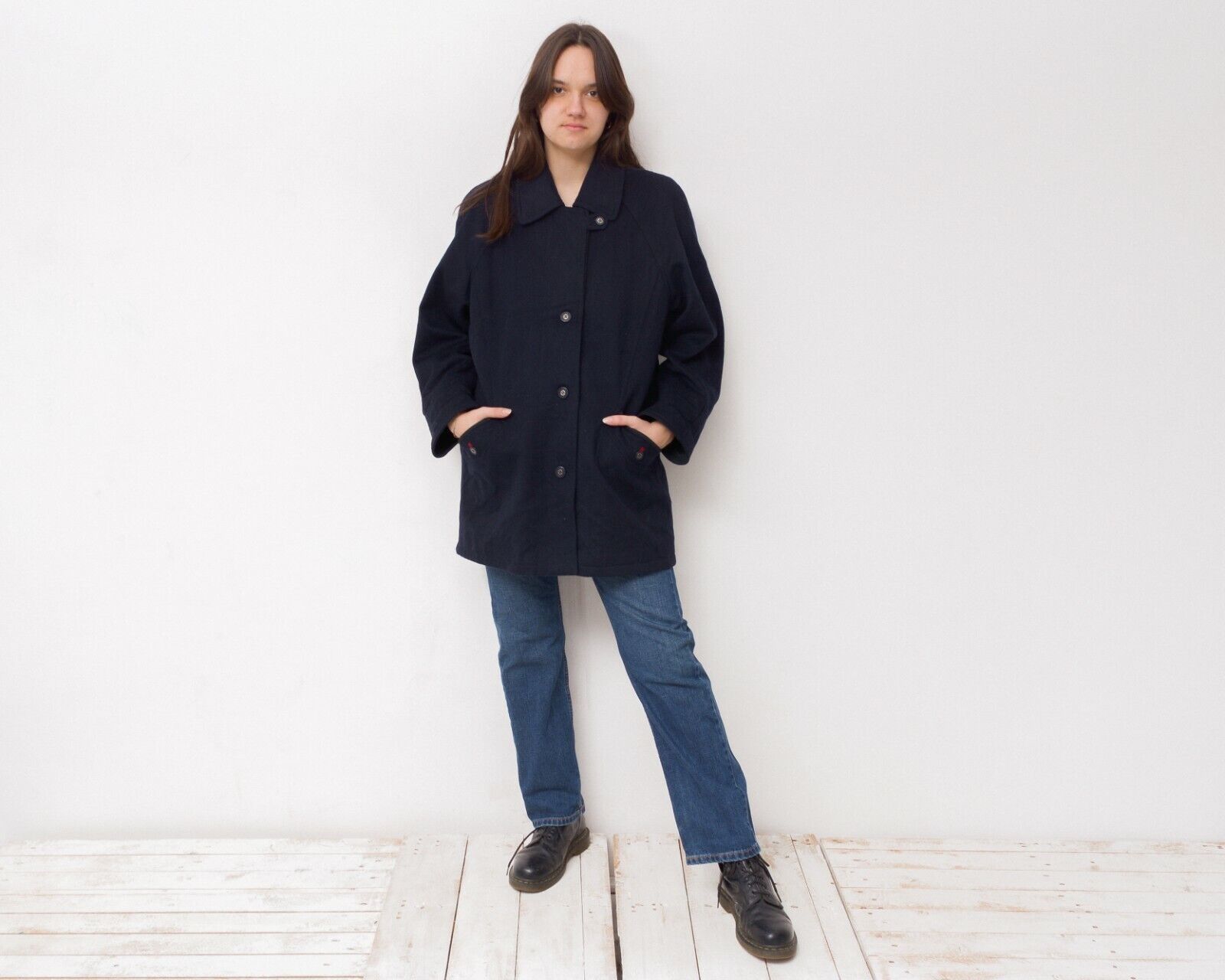 image of Vintage Alpaca Loden Wool Coat Jacket Overcoat Button Up Blue Warm, Women's (Size Large)