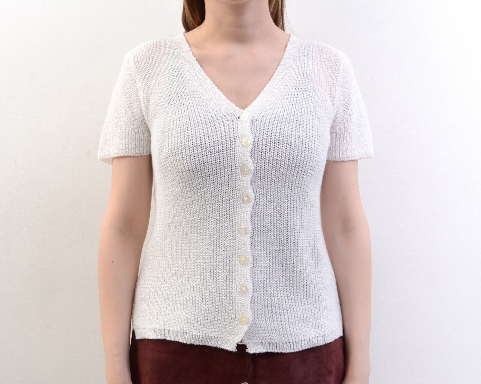 Other × Vintage Crop Crochet Knitted Top Romantic Blouse Button Short Sleeve Size S / US 4 / IT 40 - 3 Thumbnail