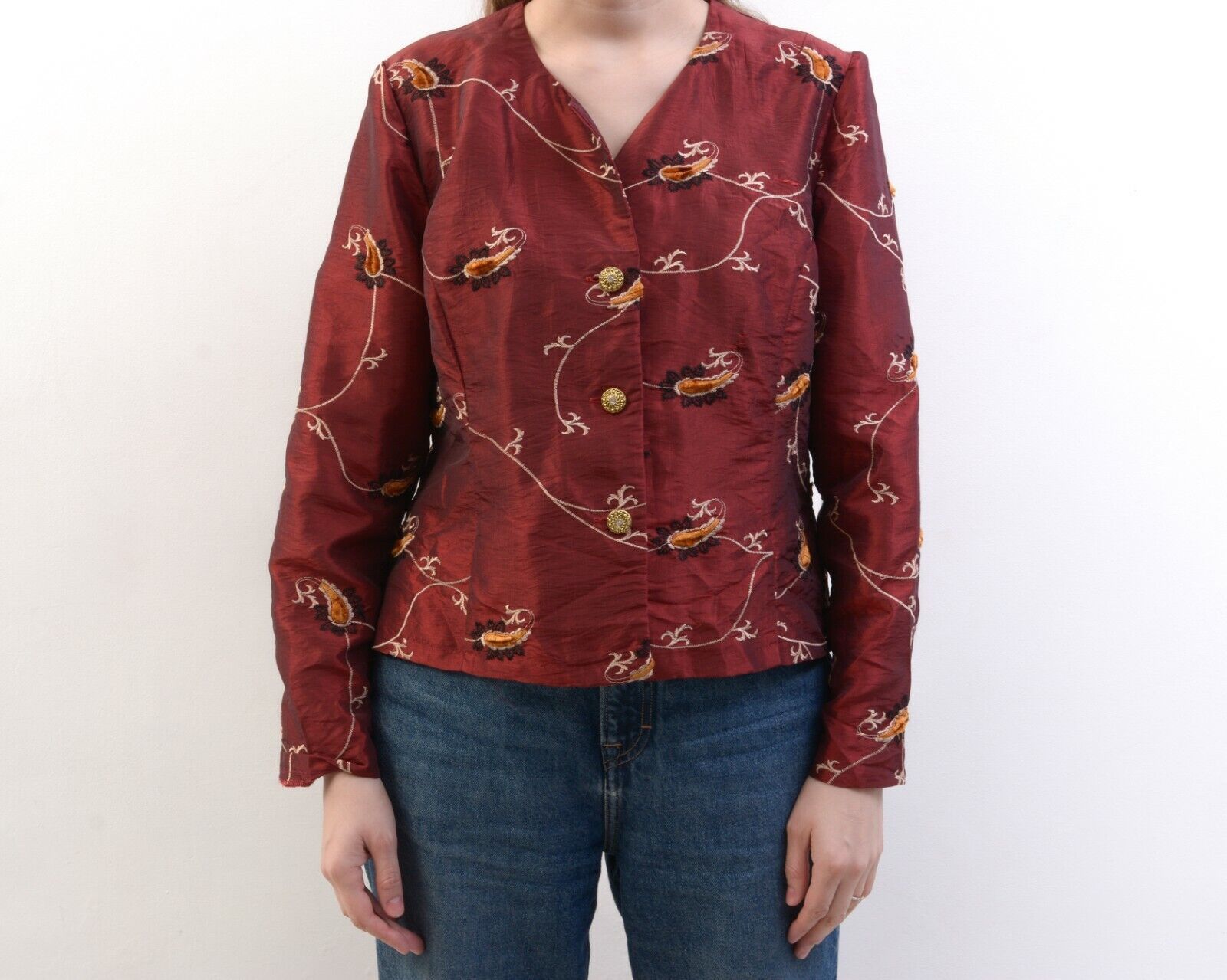 Other × Vintage 80's Embroidered Leaves Shimmer Button Up Blouse Shirt Top Size L / US 10 / IT 46 - 4 Thumbnail