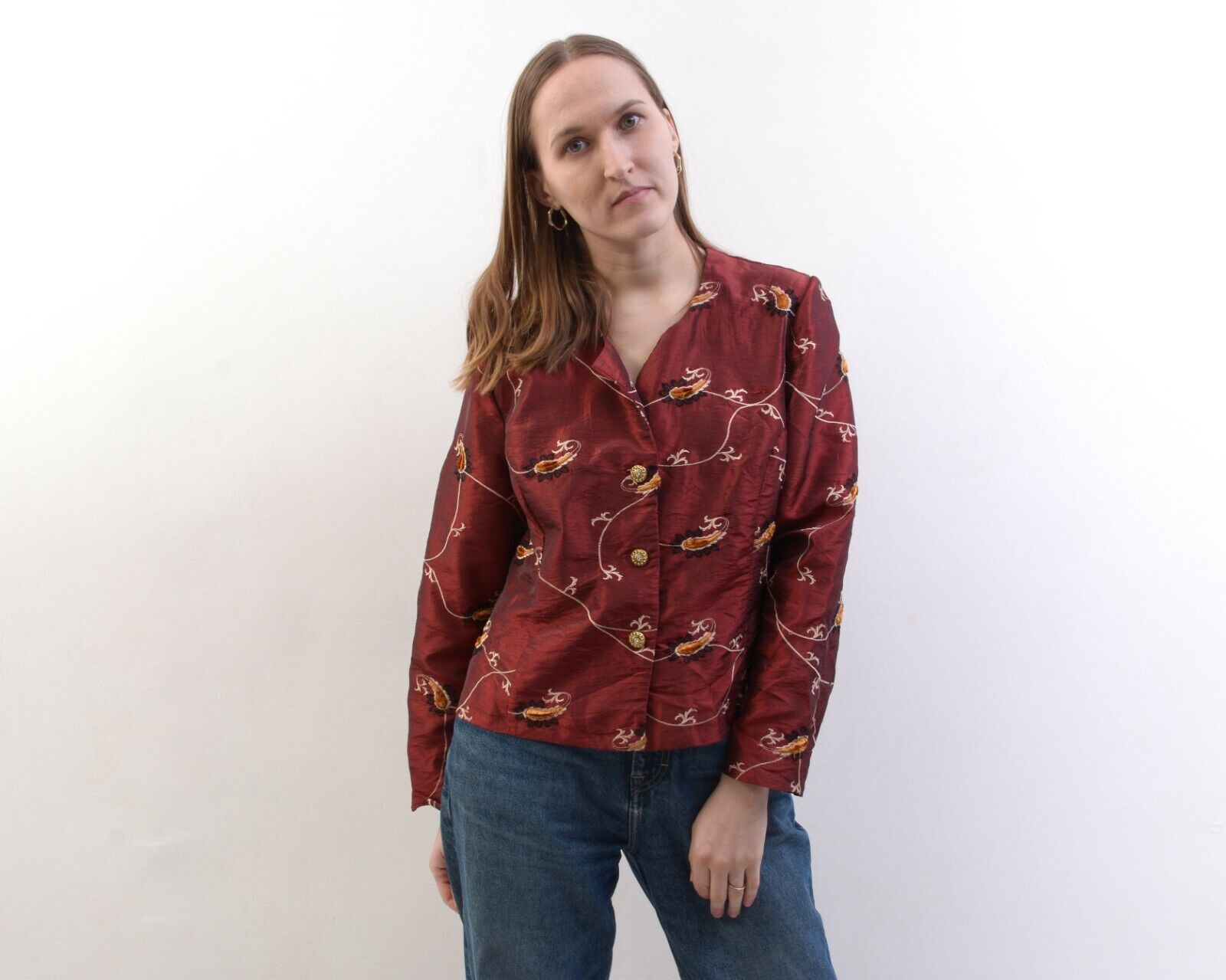 Other × Vintage 80's Embroidered Leaves Shimmer Button Up Blouse Shirt Top Size L / US 10 / IT 46 - 1 Thumbnail