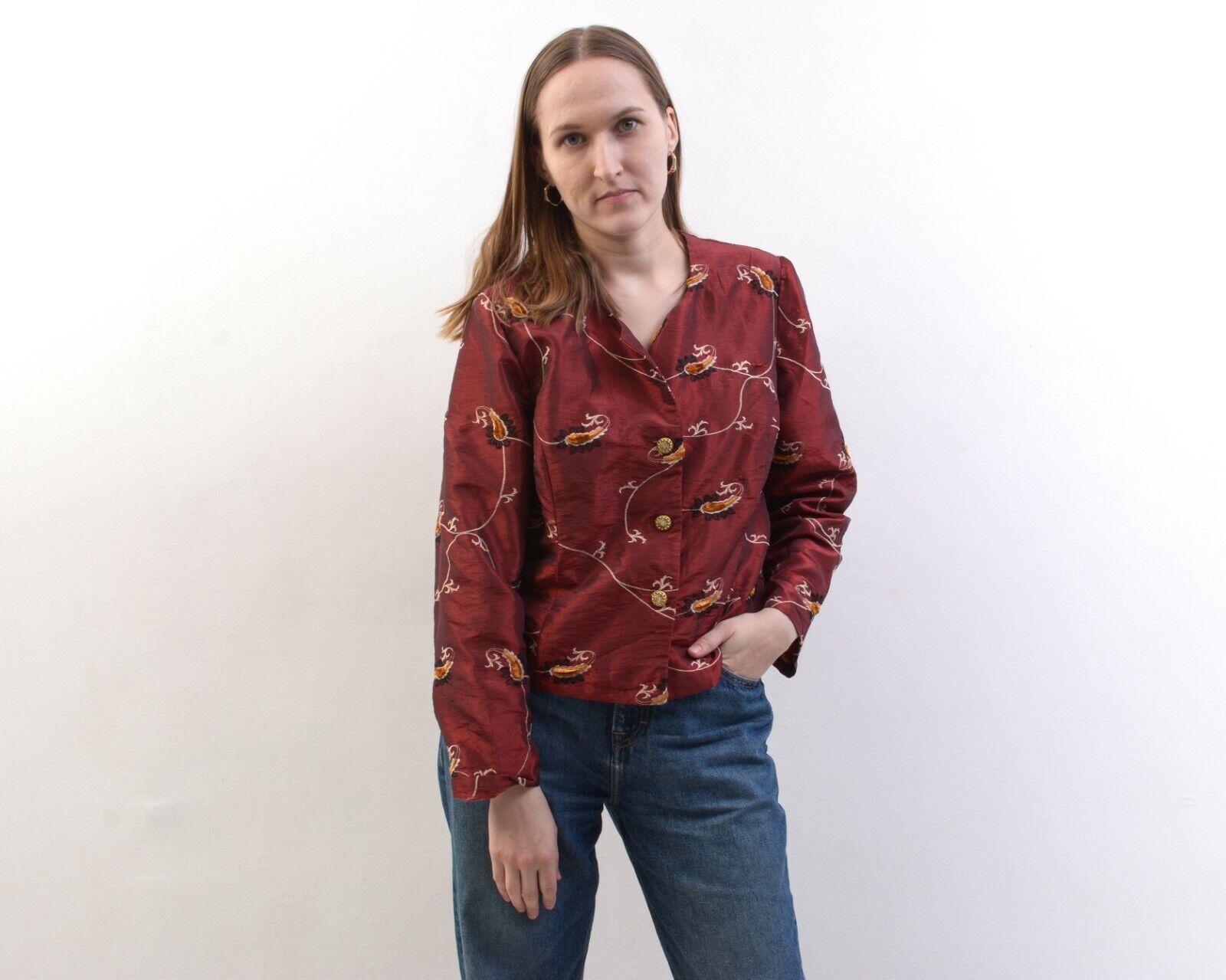 Other × Vintage 80's Embroidered Leaves Shimmer Button Up Blouse Shirt Top Size L / US 10 / IT 46 - 2 Thumbnail