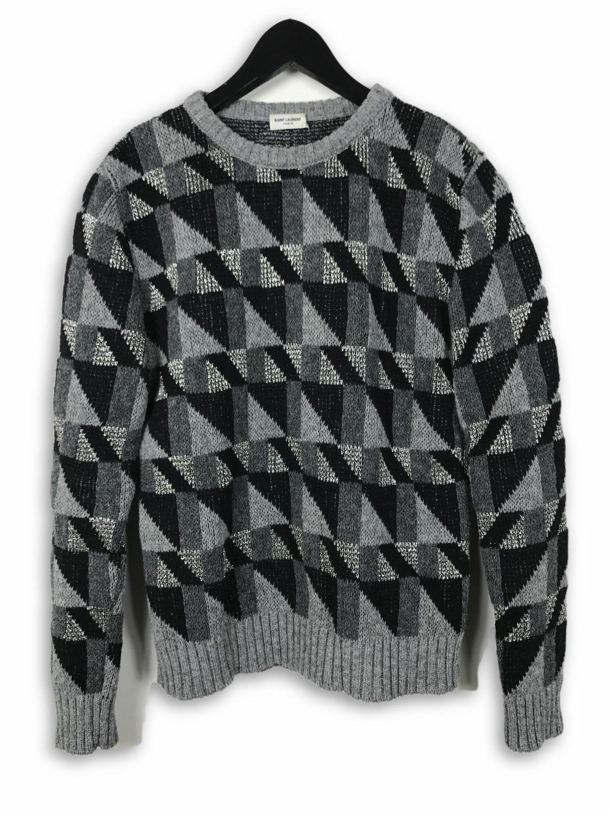 image of Saint Laurent Paris Geometric Pattern Knit Sweater in Black/Gray, Men's (Size Medium)