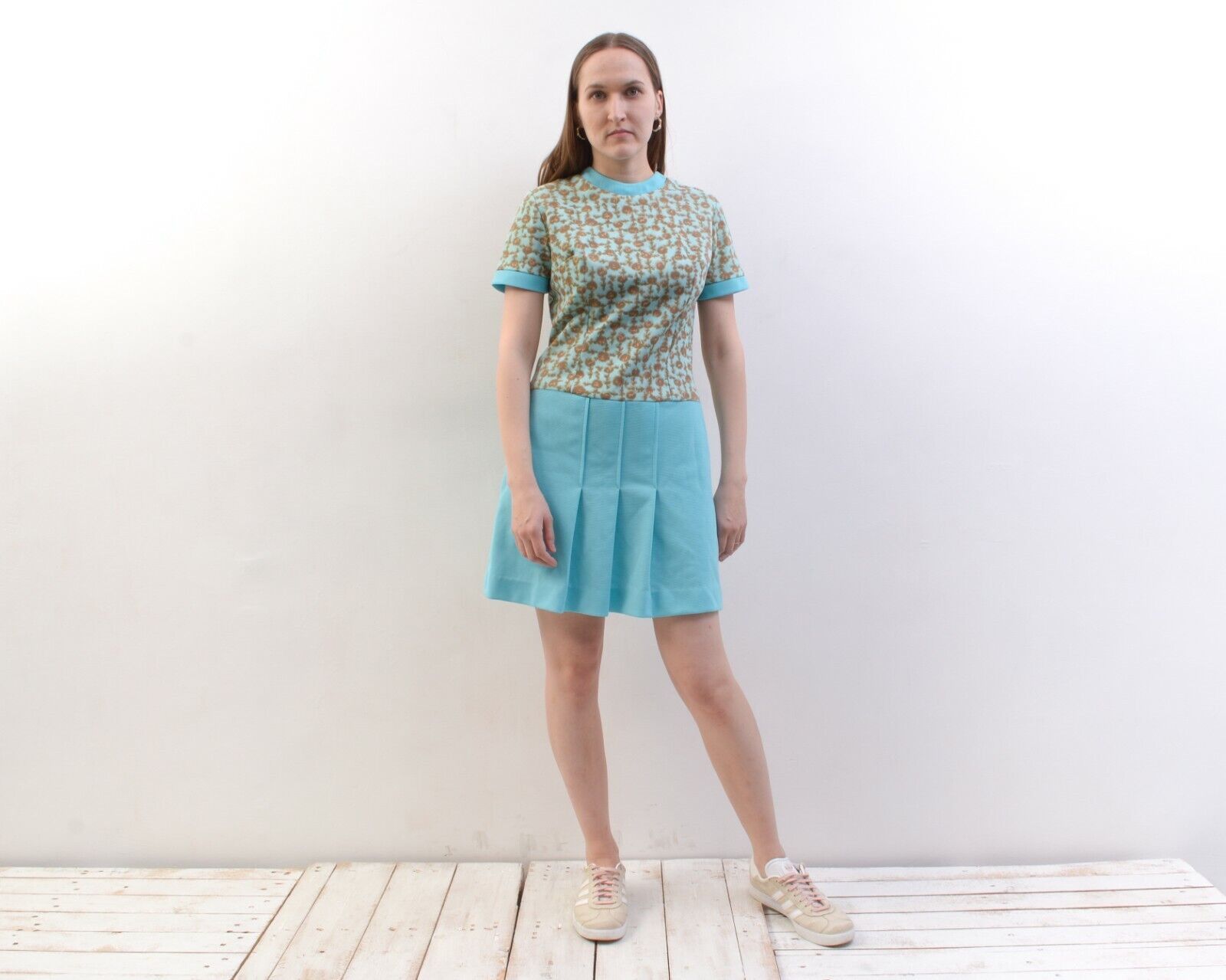 Other × Vintage 80's Dress Blue Flowers Zip Up Plated Skirt Tennis Mini Size S / US 4 / IT 40 - 2 Thumbnail
