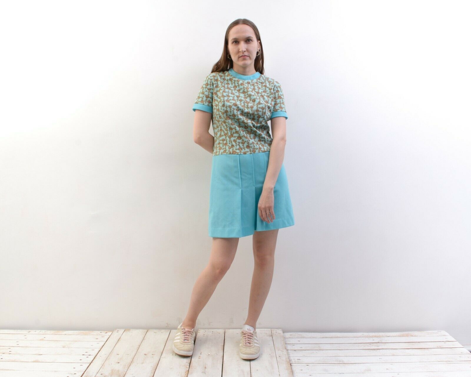 Other × Vintage 80's Dress Blue Flowers Zip Up Plated Skirt Tennis Mini Size S / US 4 / IT 40 - 1 Thumbnail
