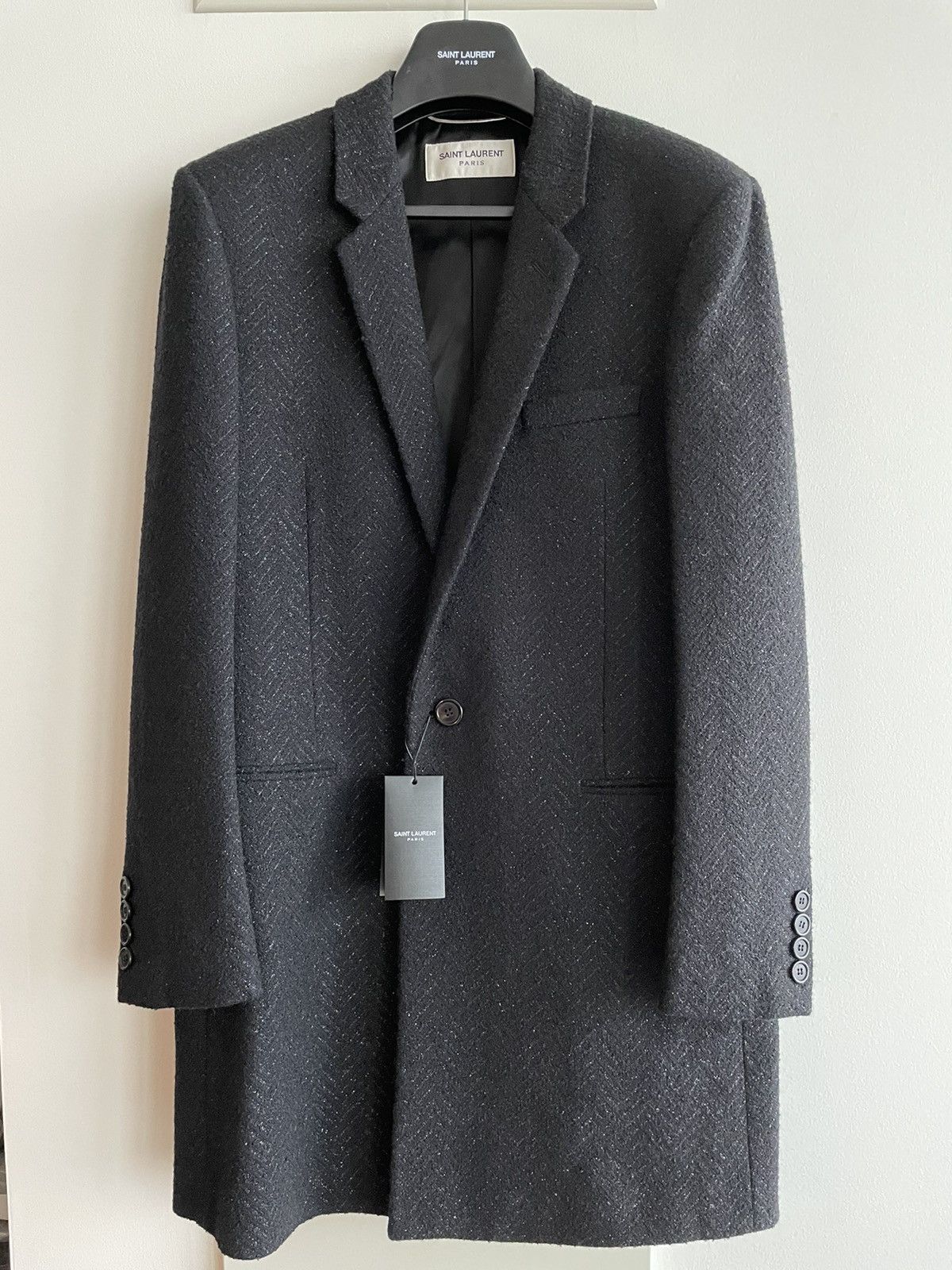 Hedi Slimane × Saint Laurent Paris × Yves Saint Laurent $4,500 Super Runway Iconic Heavy Lurex Wool Coat Brane New Size US L / EU 52-54 / 3 - 10 Thumbnail