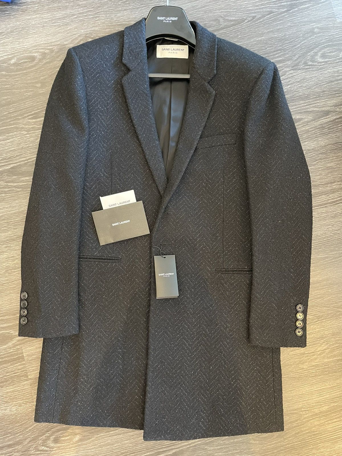Hedi Slimane × Saint Laurent Paris × Yves Saint Laurent $4,500 Super Runway Iconic Heavy Lurex Wool Coat Brane New Size US L / EU 52-54 / 3 - 8 Thumbnail