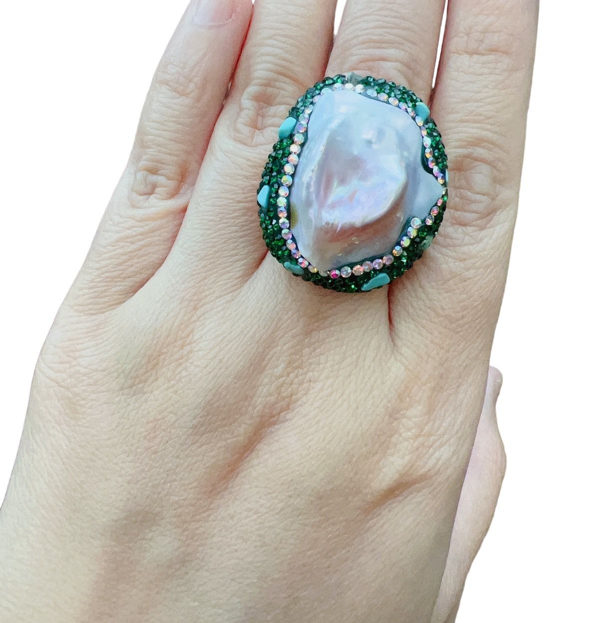Jewelry - 18K GP Natural Turquoise & baroque pearl Ring Size ONE SIZE - 7 Thumbnail