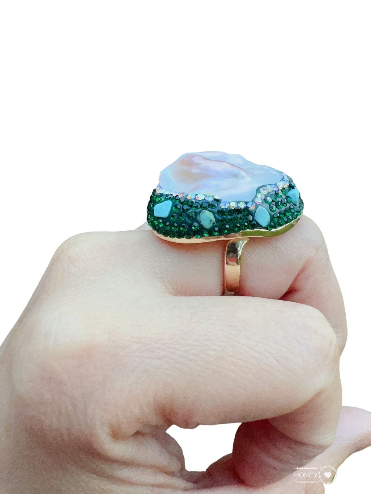 Jewelry - 18K GP Natural Turquoise & baroque pearl Ring Size ONE SIZE - 6 Thumbnail