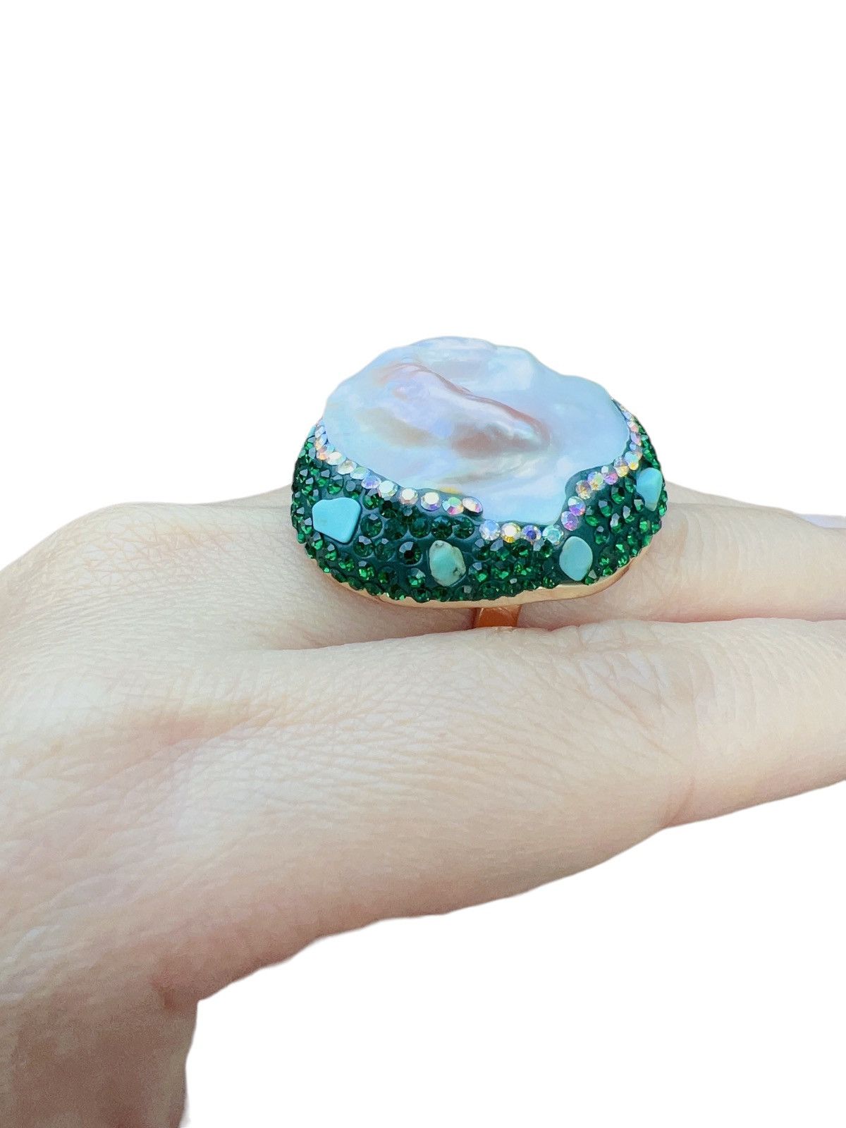 Jewelry - 18K GP Natural Turquoise & baroque pearl Ring Size ONE SIZE - 5 Thumbnail