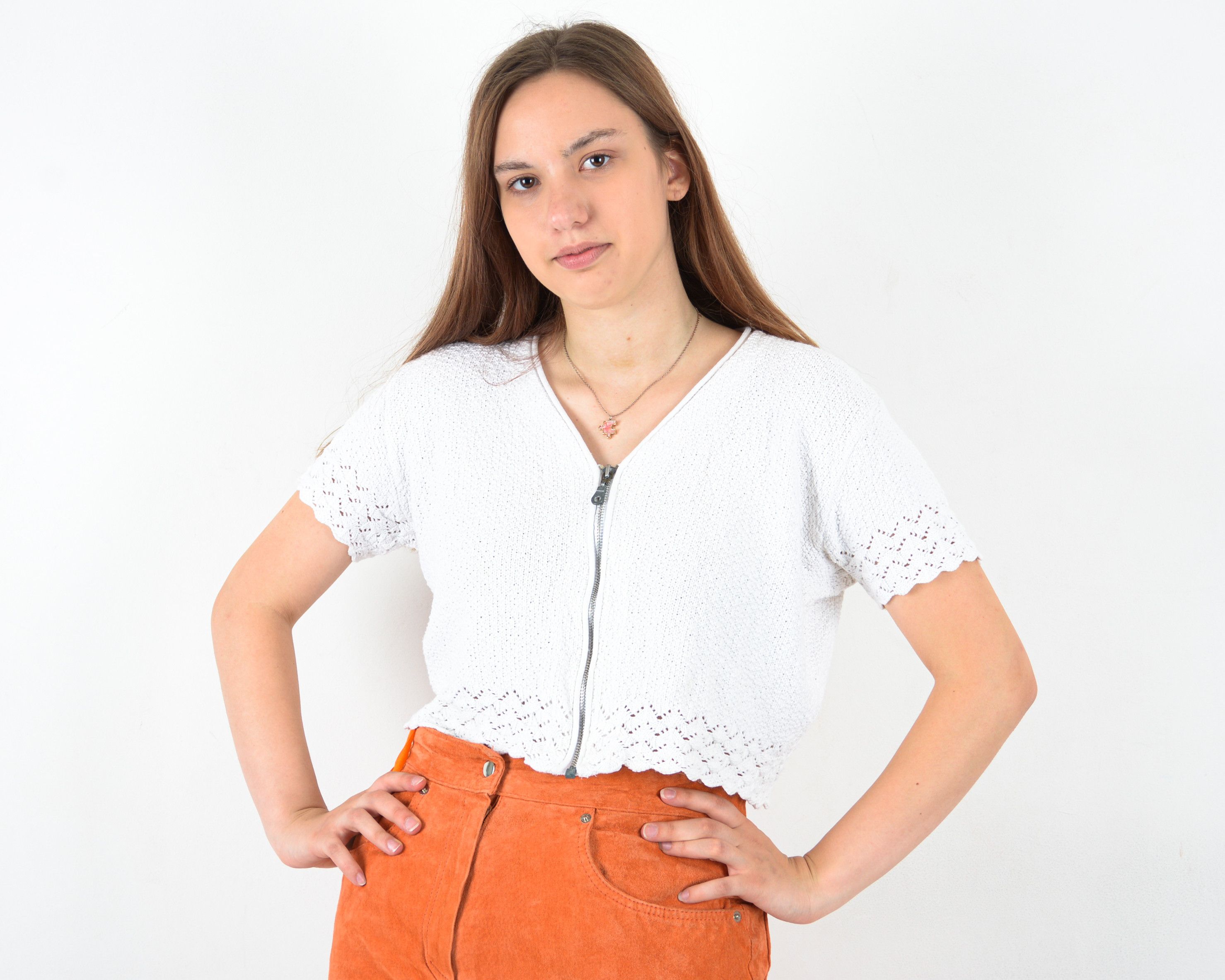 Vintage Women's M Cardigan Top Shirt Knitted Lace Crochet Zip Up Size M / US 6-8 / IT 42-44 - 1 Thumbnail