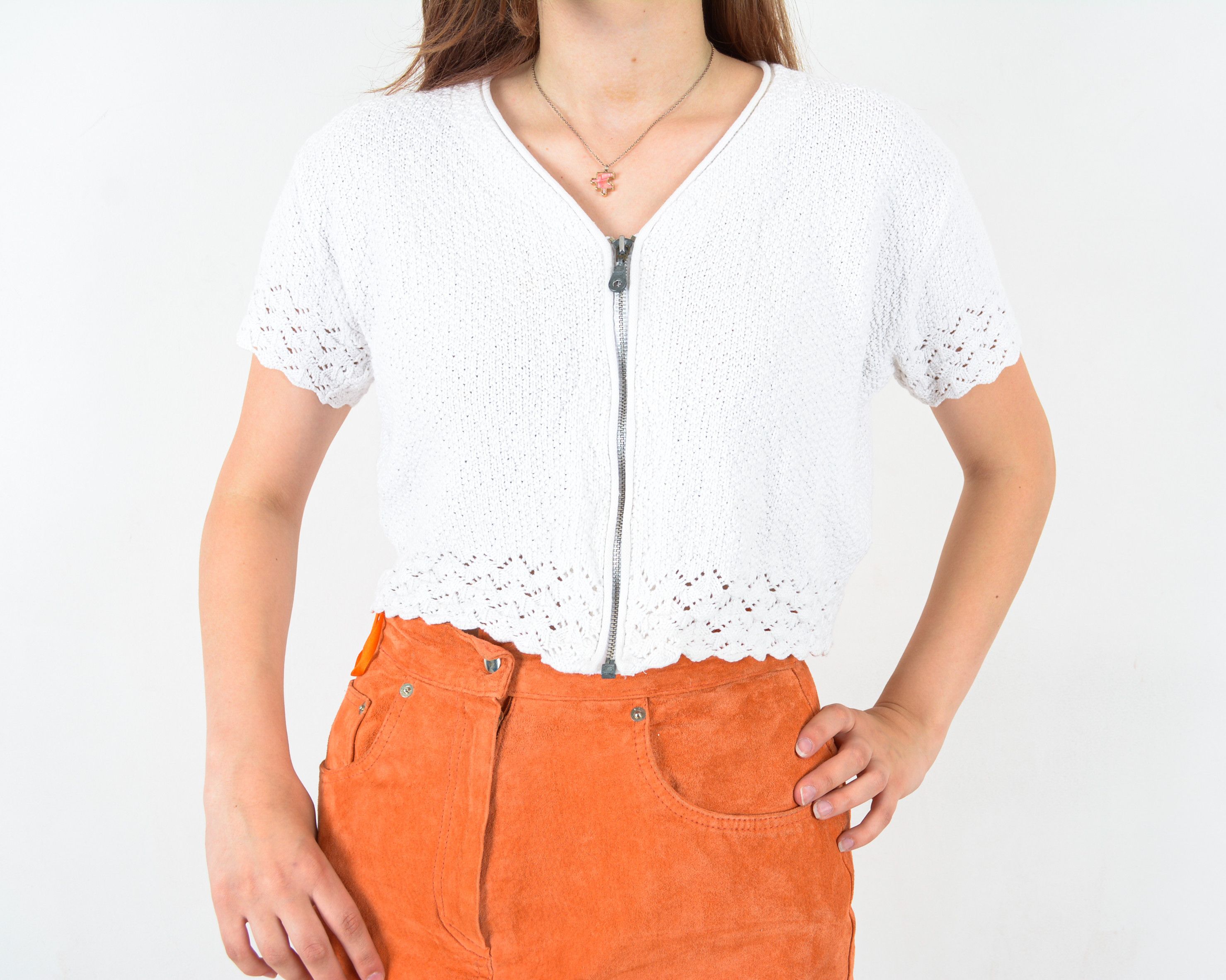 Vintage Women's M Cardigan Top Shirt Knitted Lace Crochet Zip Up Size M / US 6-8 / IT 42-44 - 4 Thumbnail