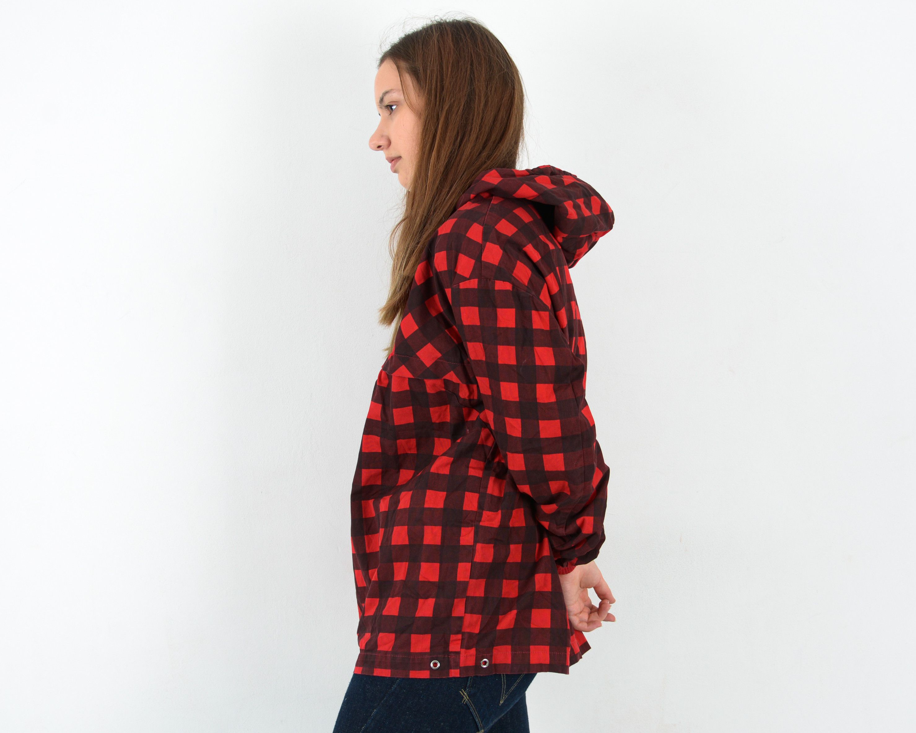 Vintage Vintage Women's L Anorak Wind Jacket Thin Red Hooded Plaid Size L / US 10 / IT 46 - 2 Thumbnail