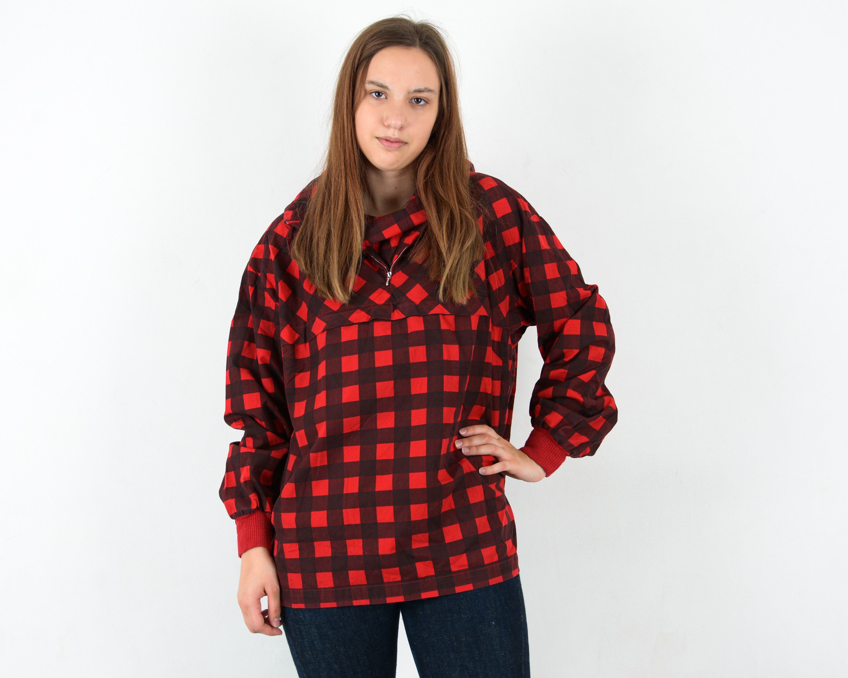 Vintage Vintage Women's L Anorak Wind Jacket Thin Red Hooded Plaid Size L / US 10 / IT 46 - 1 Thumbnail