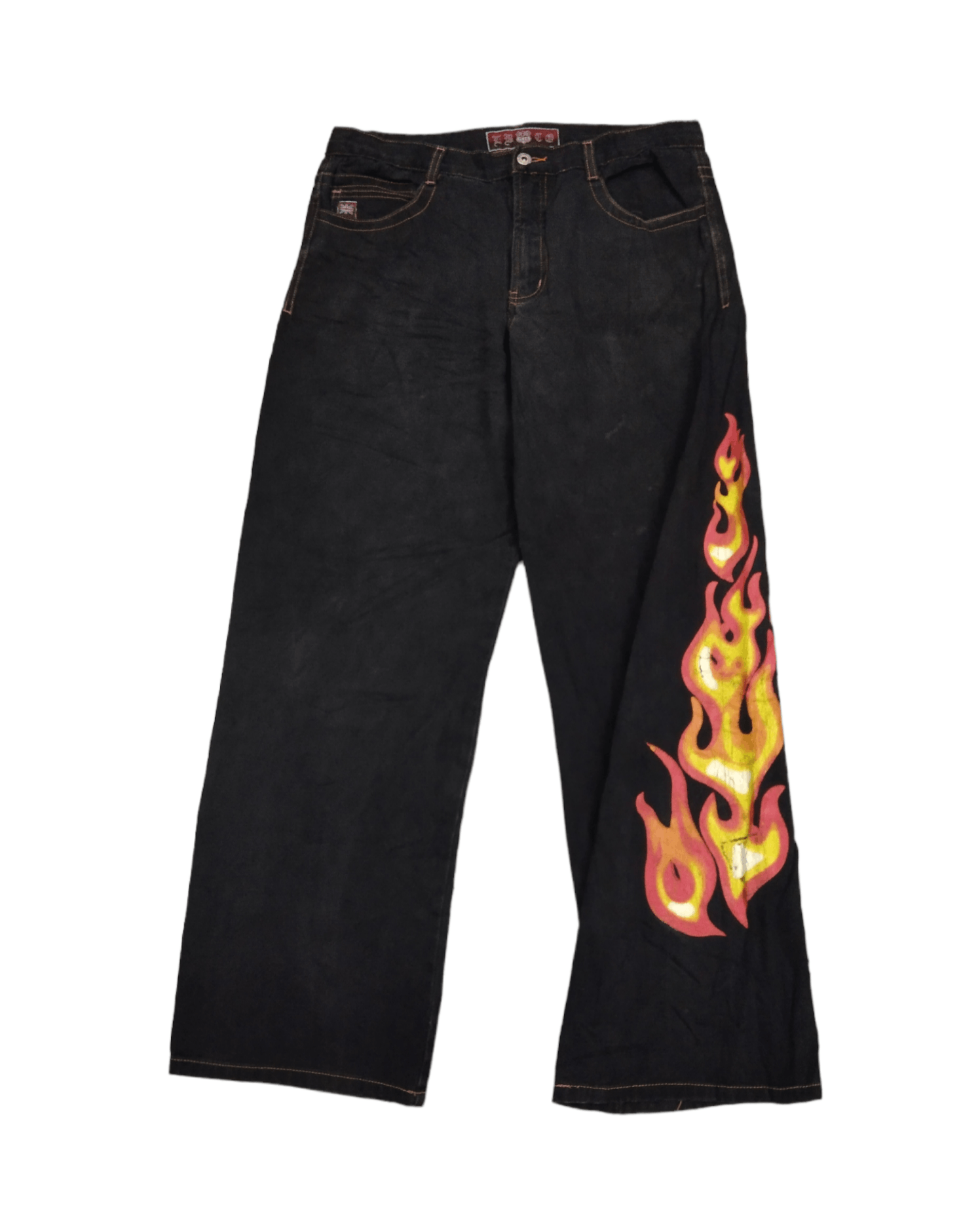 Japanese Brand DISTRESSED BAGGY FLAME LBCO 58 BLACK DENIM PANTS Size US 33 - 1 Thumbnail