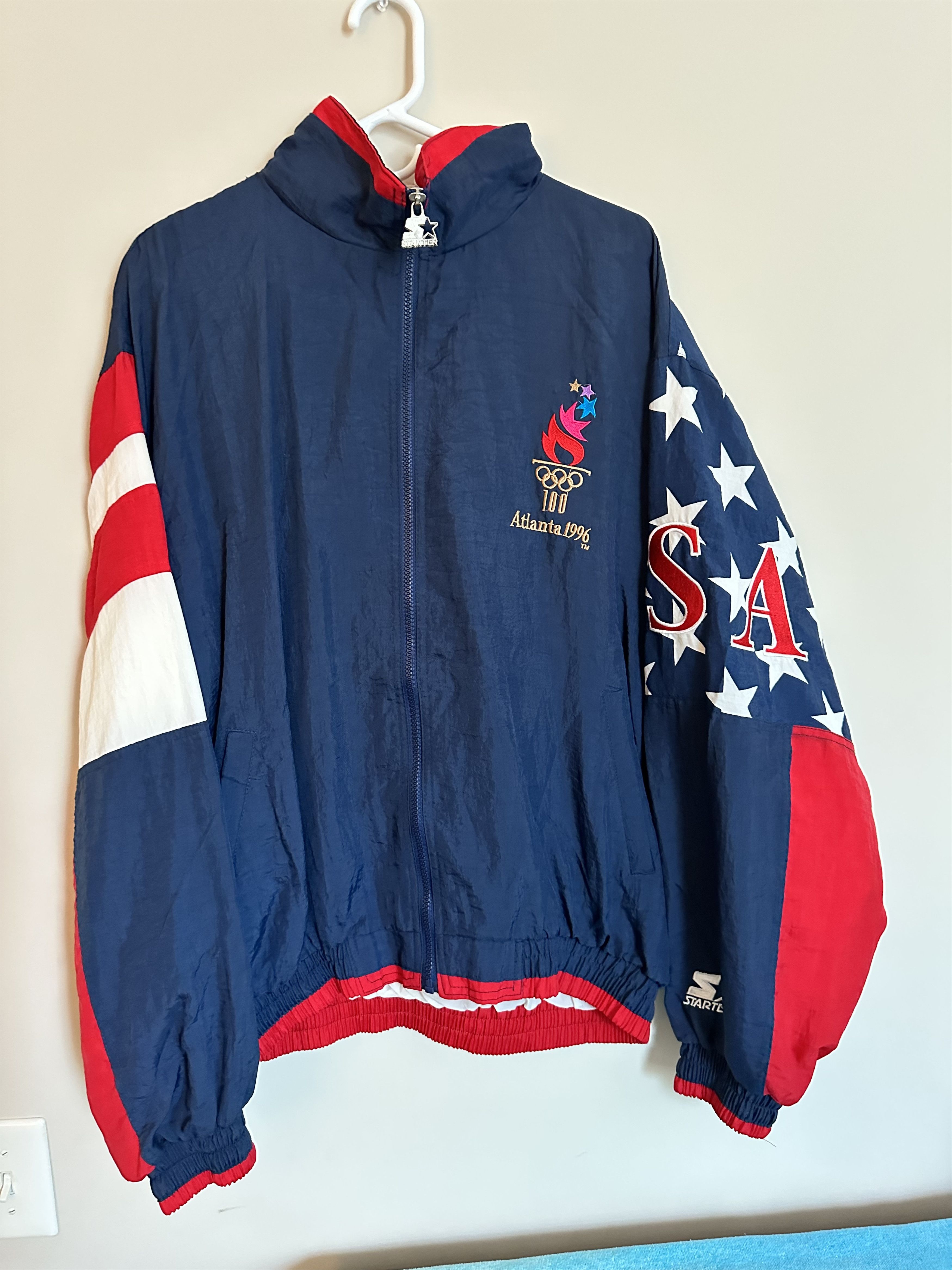 Veste Anorak Vintage Starter Des Jeux Olympiques D'Atlanta 1996 Pour Homme - Taille L - Blanc - 1/4 Zip - Occasion Très Bon état