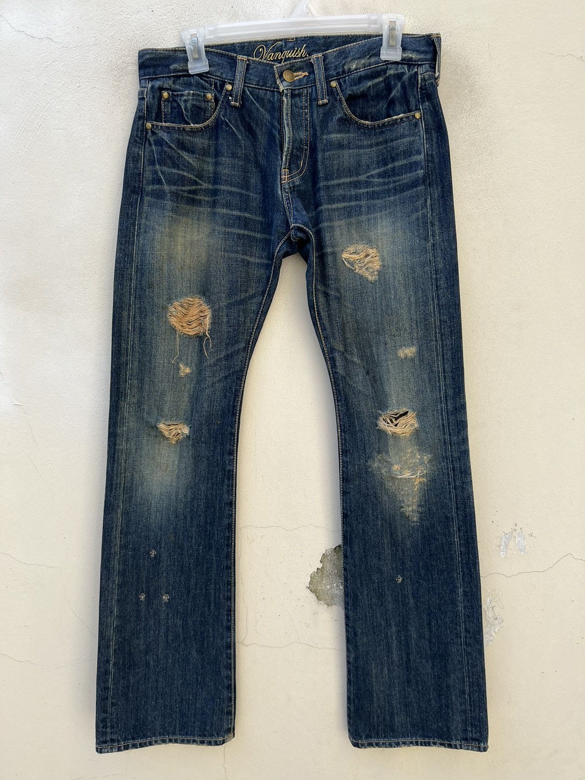 Vintage Vintage Vanquish Gold Japan Rips Mud Denim Dirty Flare Jeans Size US 29 - 6 Thumbnail