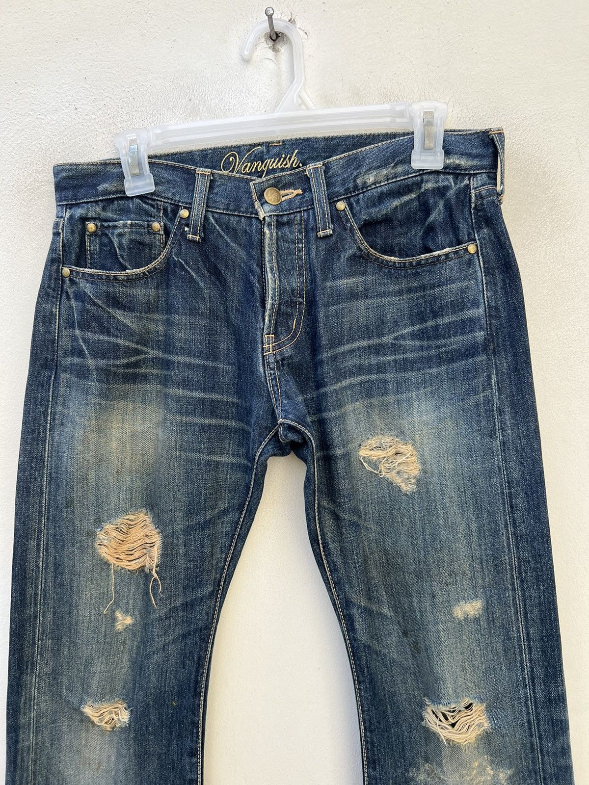 Vintage Vintage Vanquish Gold Japan Rips Mud Denim Dirty Flare Jeans Size US 29 - 7 Thumbnail