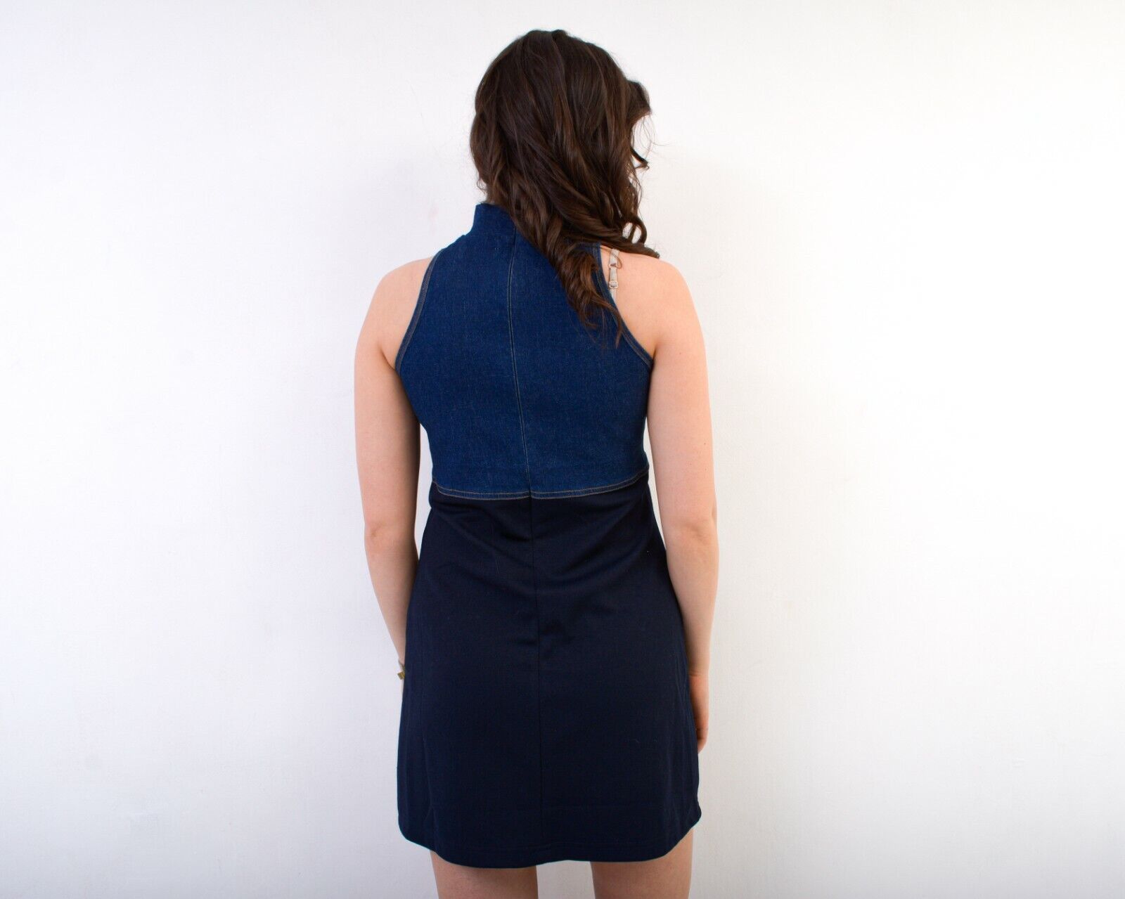Vintage Half Denim Fabric Zip Above the Knees High Neck Dress Skirt Size M / US 6-8 / IT 42-44 - 4 Thumbnail