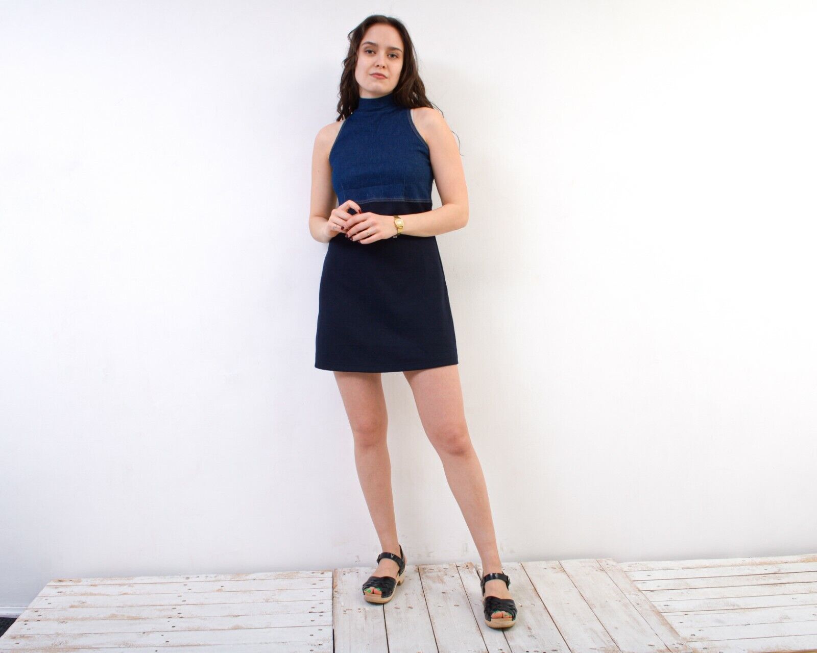 Vintage Half Denim Fabric Zip Above the Knees High Neck Dress Skirt Size M / US 6-8 / IT 42-44 - 2 Thumbnail