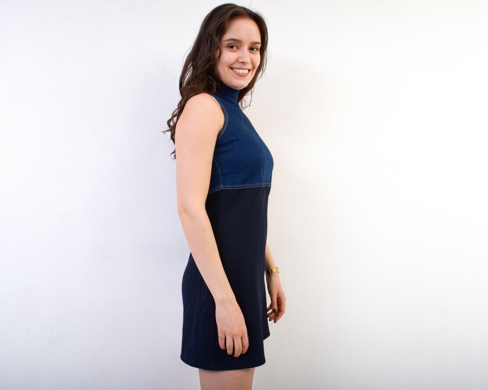 Vintage Half Denim Fabric Zip Above the Knees High Neck Dress Skirt Size M / US 6-8 / IT 42-44 - 3 Thumbnail