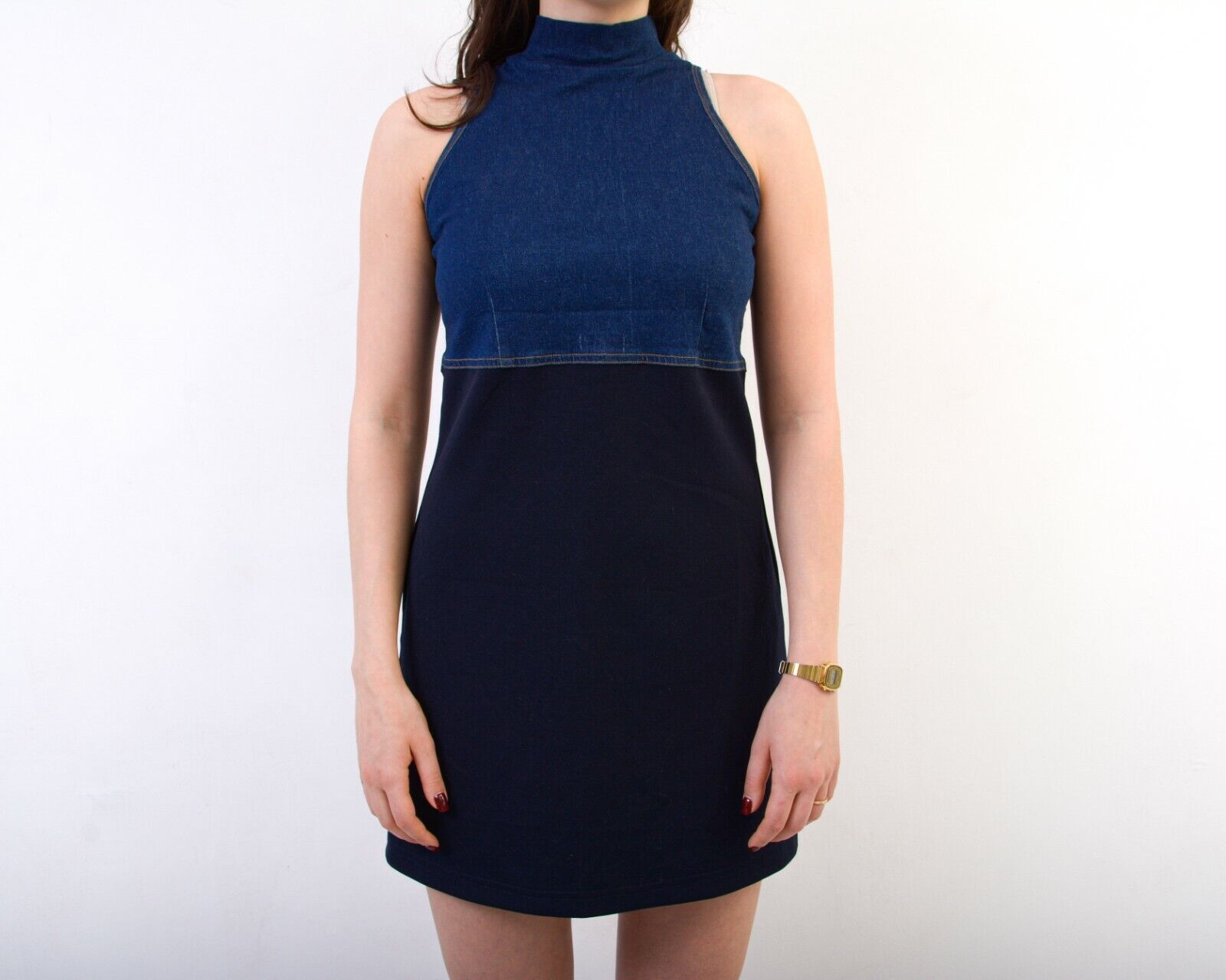 Vintage Half Denim Fabric Zip Above the Knees High Neck Dress Skirt Size M / US 6-8 / IT 42-44 - 5 Thumbnail