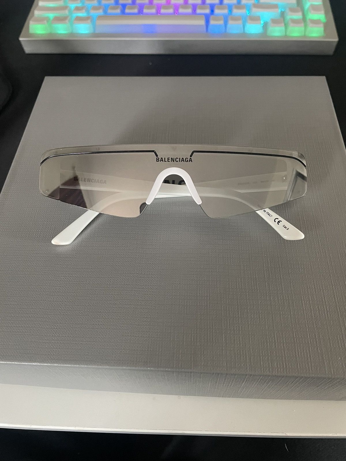 Balenciaga SKI RECTANGLE SUNGLASSES IN WHITE/SILVER Size ONE SIZE - 1 Thumbnail