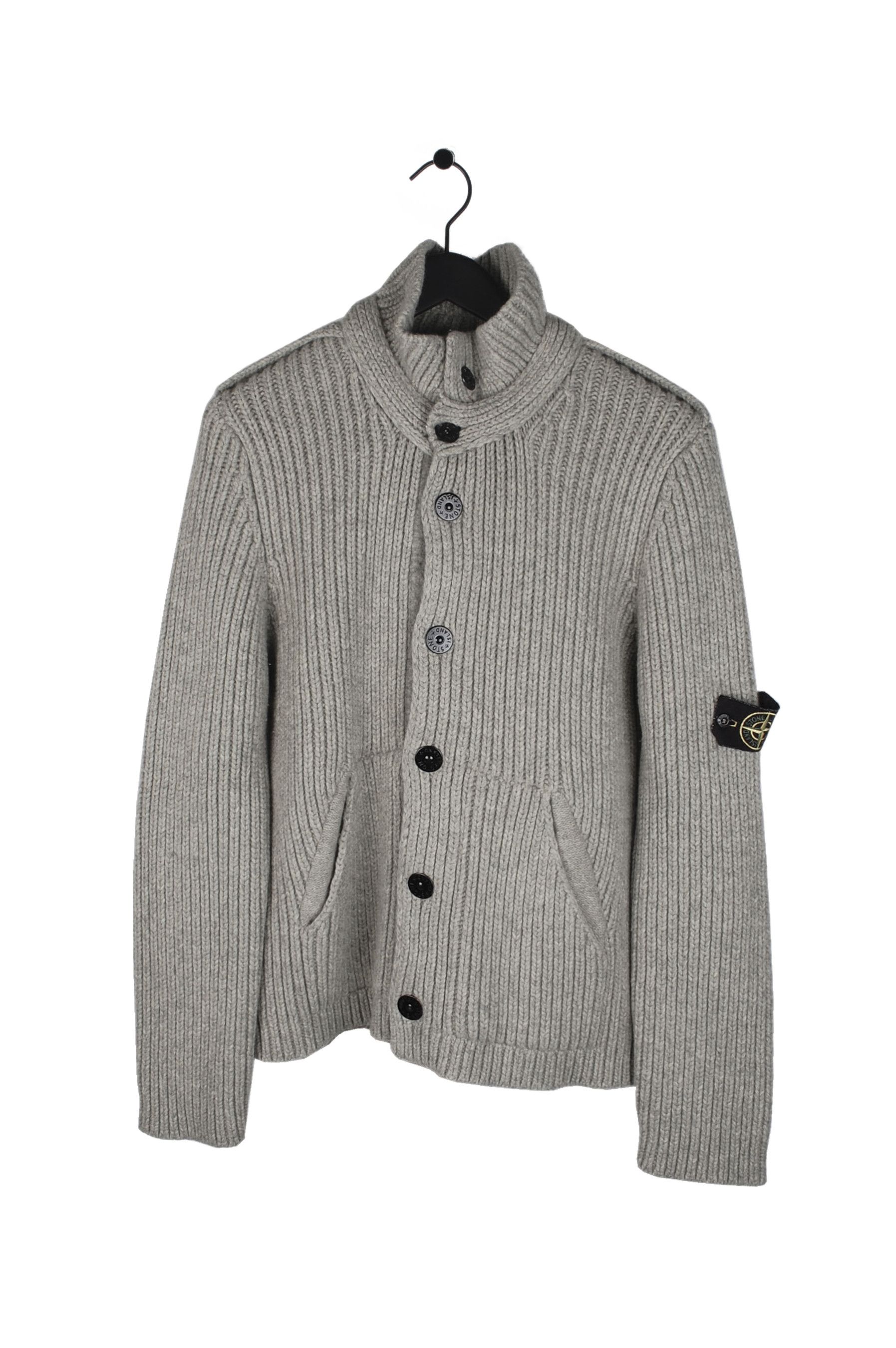 image of Stone Island Wool Cardigan Grey Sweater In Size L, Men's