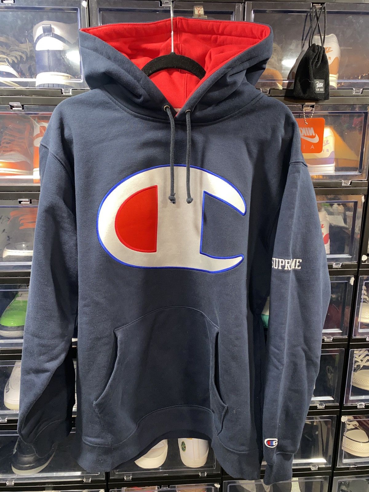 SUPREME x CHAMPION • OVERSIZED SATIN LOGO • SS17 • NAVY • XL