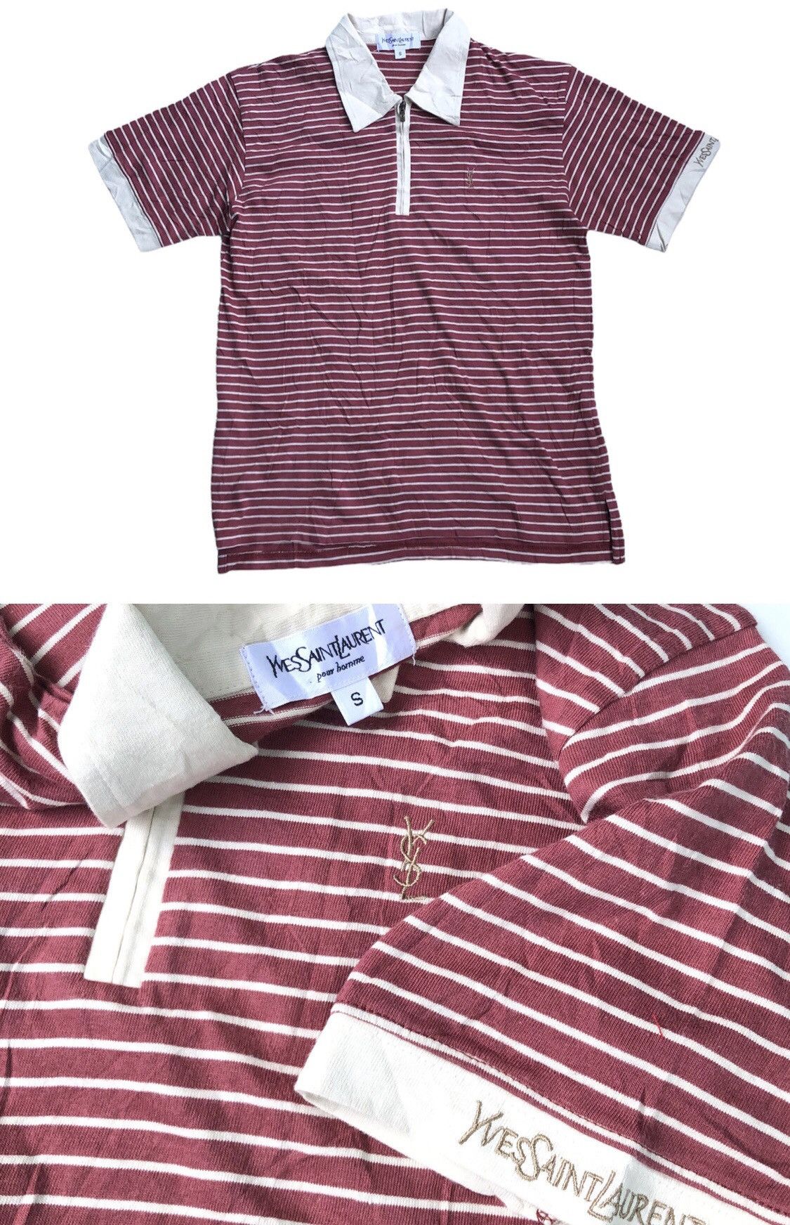 image of Vintage 90A Polo Shirt Stripe YVES Saint Laurent Pour Homme in Stripe Red Maroo, Men's (Size Small)