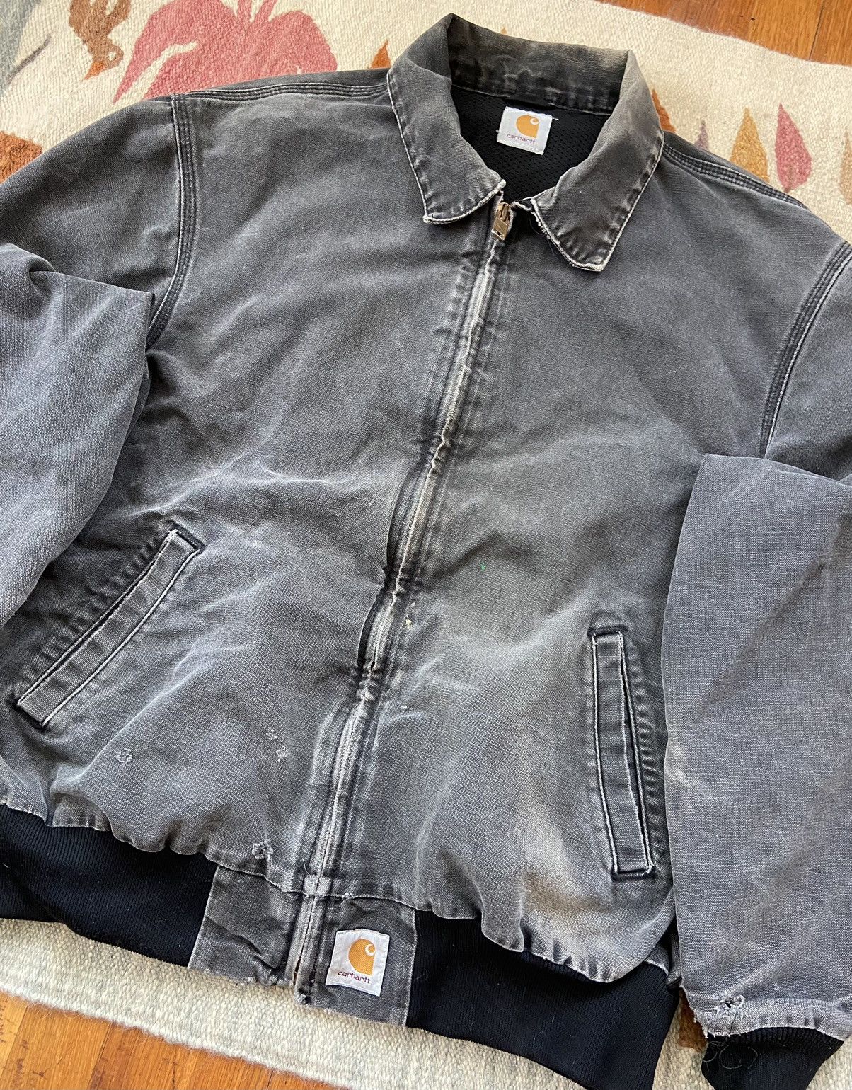 Vtg Carhartt Distressed Black Heavy Duck Canvas Workwear Jacket Fleece Lined XL